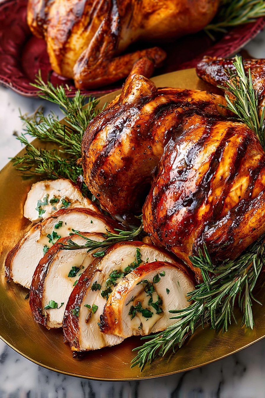 A large white platter holds four pieces of roasted chicken with a shiny, dark brown glaze. Two pieces are whole with legs and thighs, while two pieces are sliced to show the light beige inside meat. The chicken has a crispy skin with a rich caramelized look. Small green sprigs of rosemary and thyme are placed around and on top of the chicken, adding a fresh touch. The platter edges are ornate and gold-colored, and the background is a white marbled surface. Photo taken with an iphone --ar 4:5 --v 7