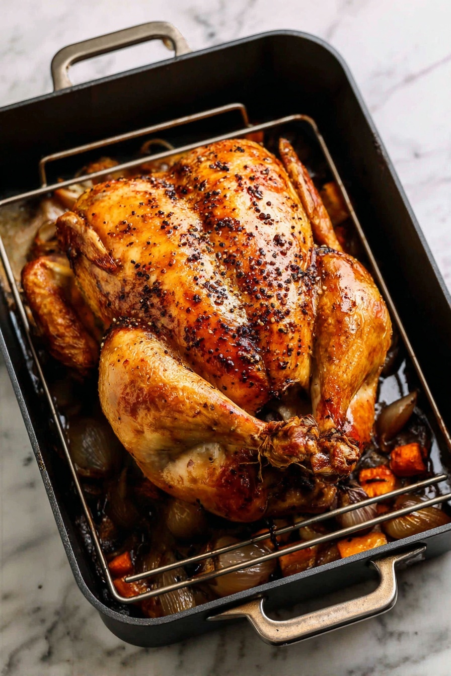 A golden brown roasted whole chicken with a shiny, crispy skin covered in small dark specks of seasoning rests on a black metal rack inside a rectangular black roasting pan. The chicken is centered and fills most of the pan, with visible browned legs and wings tucked beside the body. Below the rack, chunks of browned vegetables peek through. The scene is set on a white marbled surface, emphasizing the rich color and texture of the roasted chicken. Photo taken with an iphone --ar 4:5 --v 7