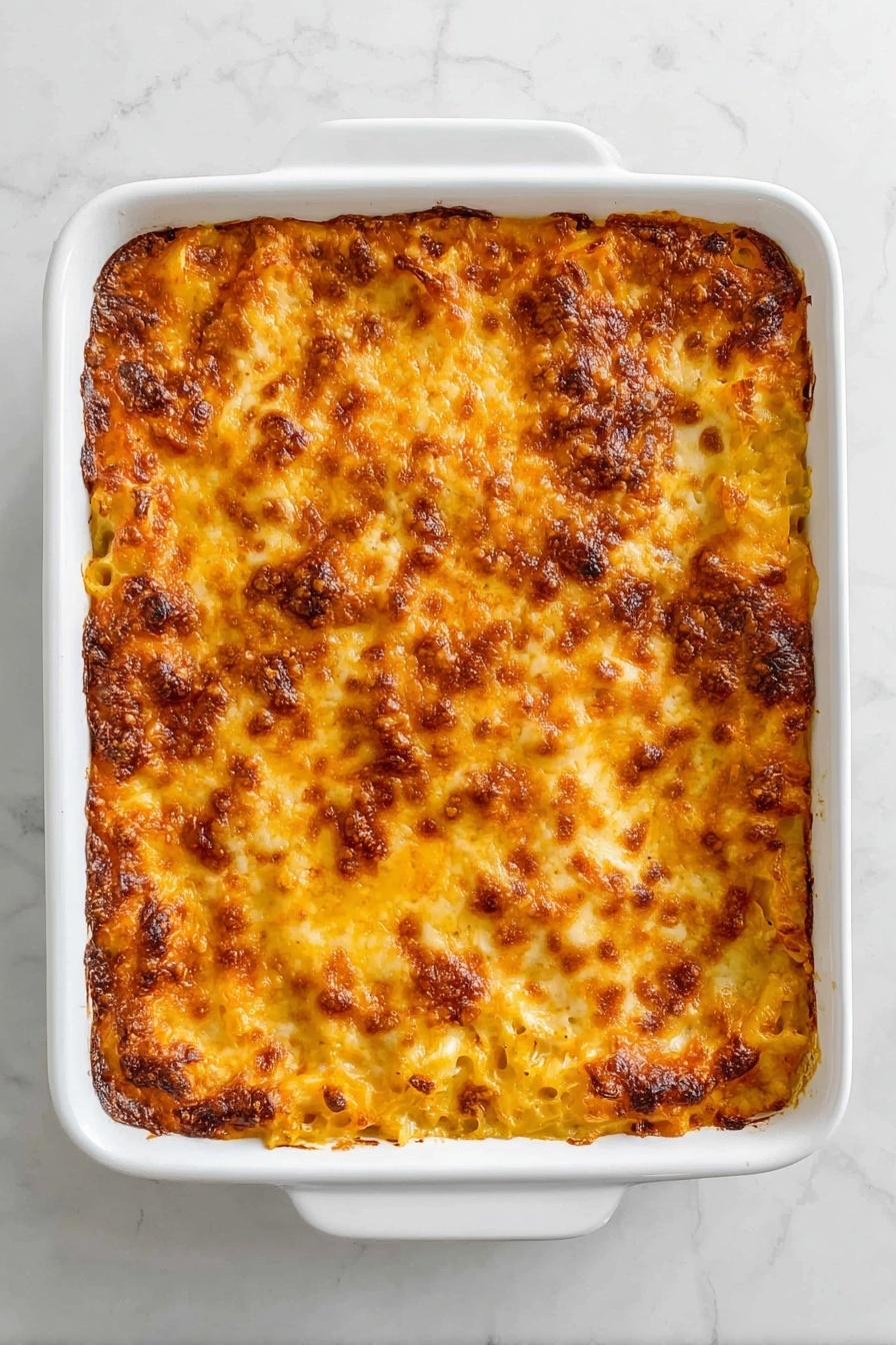 A close-up of a white rectangular baking dish filled with a thick, cheesy casserole that has a golden-brown, crispy top layer with orange and light brown tones. The dish is partially scooped out in the corner, showing creamy, soft, pale yellow layers underneath mixed with melted cheese. A silver spoon is inside the dish, lifting a portion of the casserole. Below, on a white textured plate, there are chunks of bright orange casserole served, sitting on a white marbled surface with a blue and white striped cloth and a silver fork nearby. Photo taken with an iphone --ar 4:5 --v 7