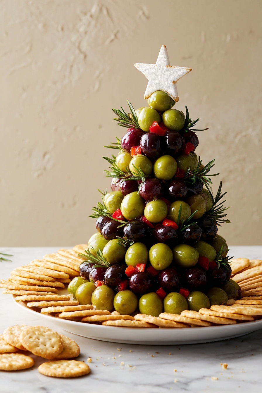 A cone-shaped stack of mixed olives in green, black, and dark purple colors, combined with small red pieces, and interspersed with sprigs of green rosemary. The top is decorated with a white star-shaped piece, likely cheese. The olive stack sits on a white plate, surrounded by scattered and stacked round, pale yellow crackers. The setup is placed on a white marbled surface with a plain light grey textured wall in the background. photo taken with an iphone --ar 4:5 --v 7