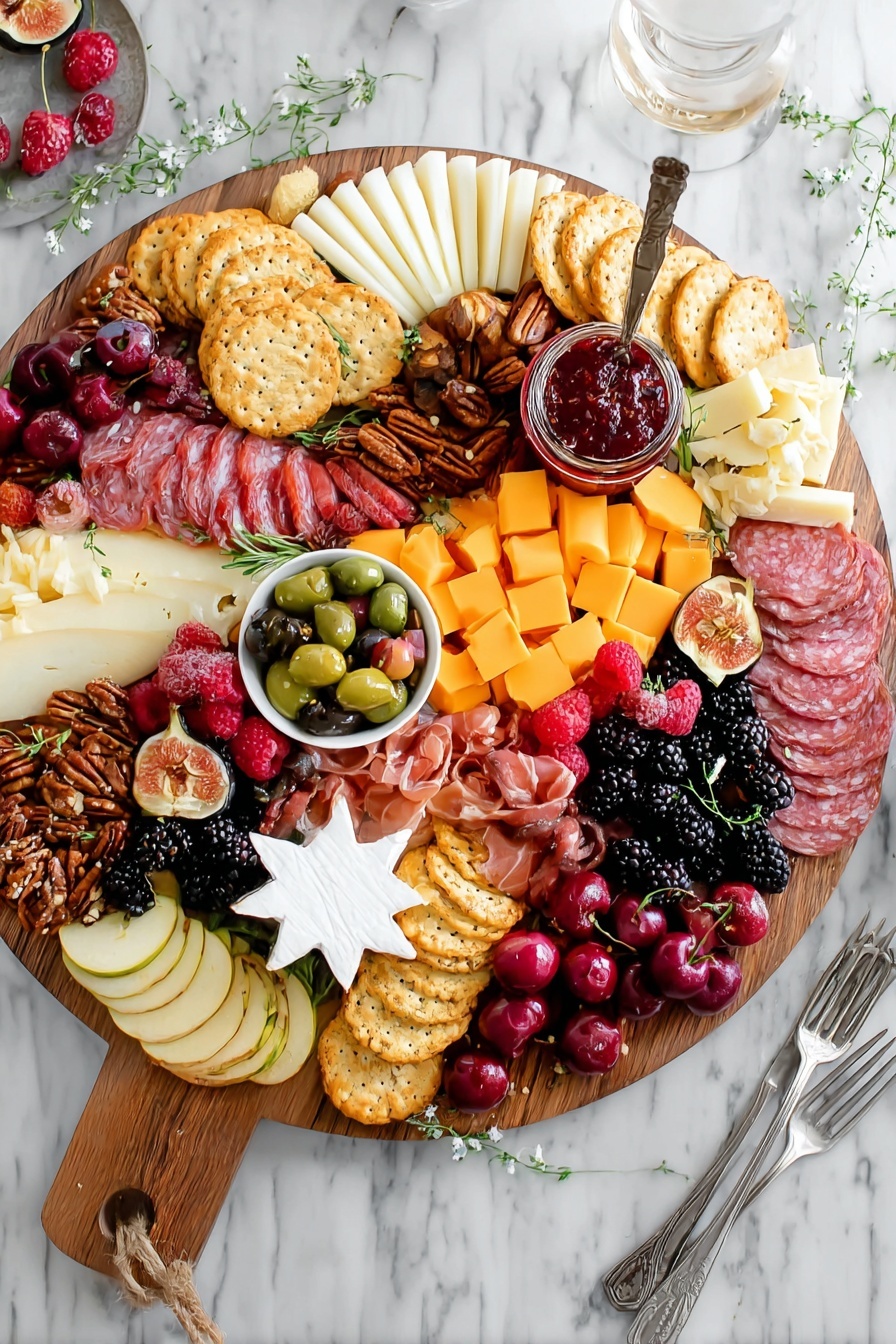A wooden board filled with layers of different foods arranged closely together: thin white cheese slices fanned out in two places, orange cheese cubes piled near the top center, round pale yellow crackers forming a small cluster, and round slices of red salami scattered across. There are various meats, including folds of thin pink ham and rolled slices of a darker cured meat. Fresh fruits include clusters of blackberries, raspberries, dark red cherries, apple wedges, sliced red and green pears, and halved purple figs. A small white bowl with green and dark olives is placed near the bottom left, and a round wooden bowl of sugared almonds sits near the middle. Small clusters of pecans are spread around, alongside a white star-shaped cheese block near the top right and several slices of pale white cheese with herbs. The whole board is decorated with sprigs of green rosemary and tiny white flowers, all set on a white marbled surface. photo taken with an iphone --ar 4:5 --v 7