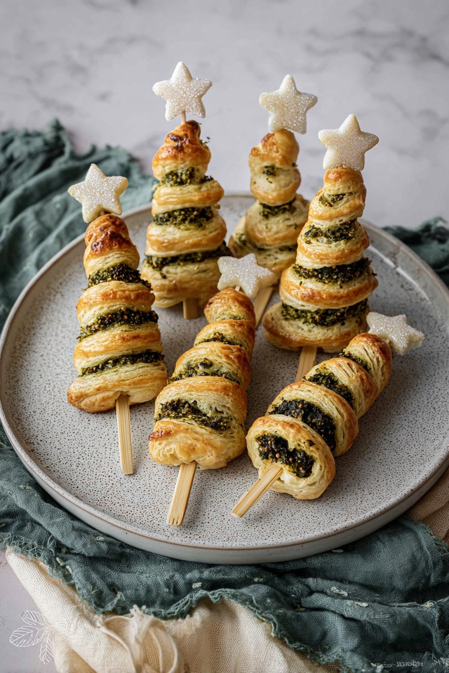 The image shows six puff pastry snacks shaped like Christmas trees on wooden sticks. Each tree has three thick layers of golden brown puff pastry twisted in a zigzag pattern, with a green herb or pesto spread evenly between the layers giving a textured look. At the top of each tree is a small light yellow star-shaped piece of cheese. These pastry trees are arranged in a loose circle on a dark textured round plate that sits on a white marbled surface with folded white and green cloths around it. Photo taken with an iphone --ar 4:5 --v 7