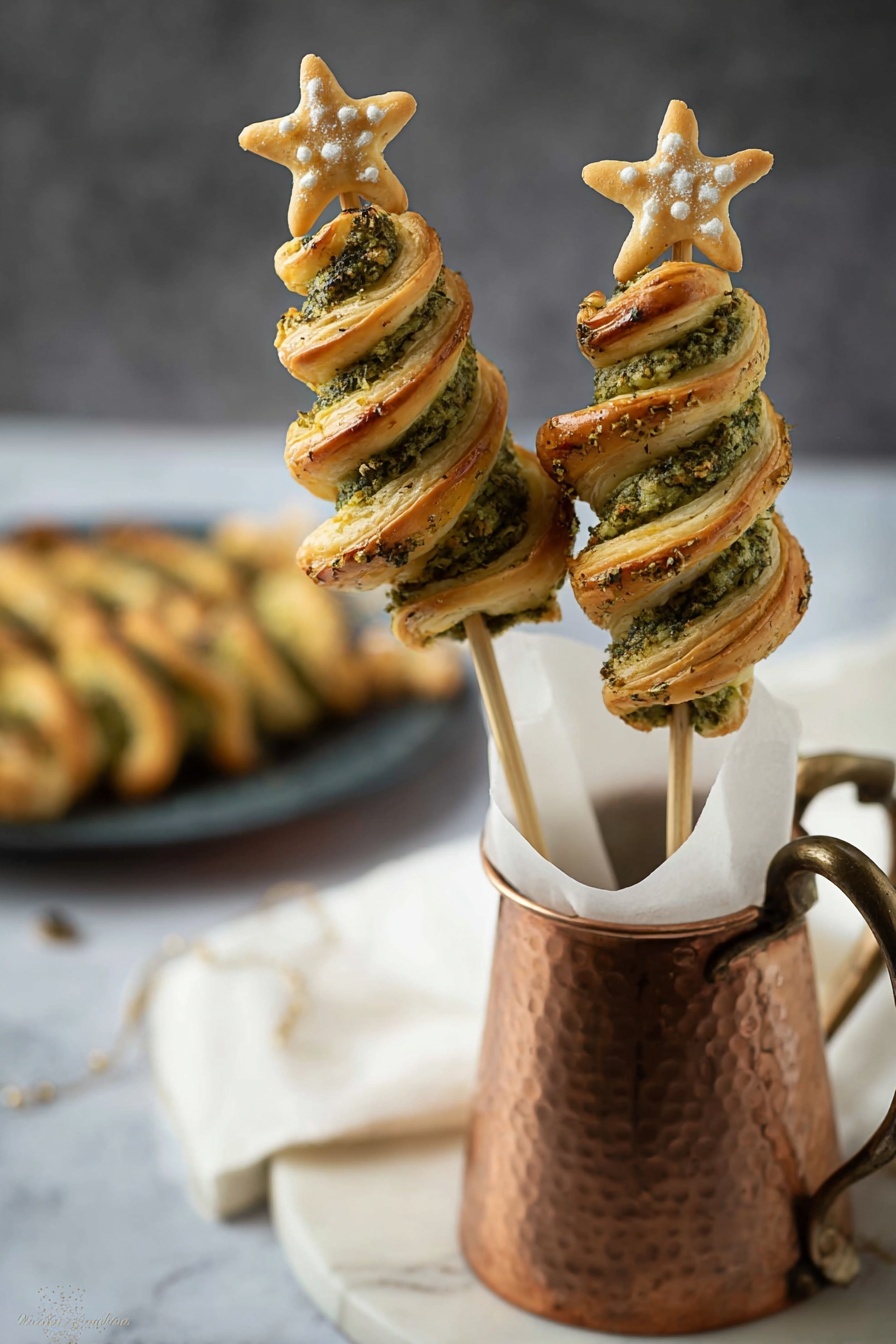 The image shows six puff pastry snacks shaped like Christmas trees on wooden sticks. The two in the front are standing inside a small bronze pitcher, and each tree has a small star shape on top. The pastry is golden brown with green herbs spread in lines following the tree shape, giving a textured look. In the background, four more pastry trees lie flat on a white plate with a textured surface. The whole scene is set on a white marbled surface with a white cloth underneath the pitcher. photo taken with an iphone --ar 4:5 --v 7
