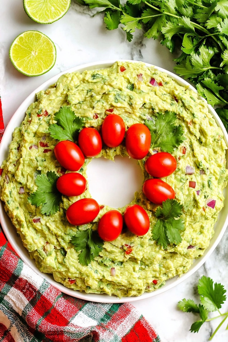 The image shows a white round dish with a thick ring of guacamole spread evenly in a donut shape. The guacamole is green with visible small chunks of red tomatoes, purple onions, and green herbs mixed throughout, giving it a textured look. On top of the guacamole, there are three groups of small, bright red cherry tomatoes, each group accompanied by fresh green cilantro leaves arranged neatly. The center of the dish is empty, showing the clean white plate underneath. The dish is set on a white marbled surface with a red and cream plaid cloth slightly draped around it, along with fresh lime halves and some cilantro sprigs nearby. Photo taken with an iphone --ar 4:5 --v 7