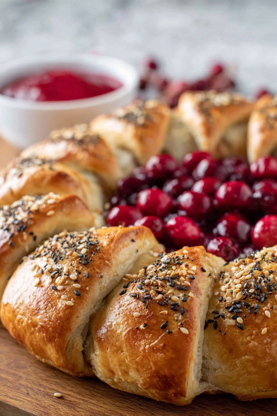 A golden brown pastry ring with a shiny surface topped with black and white sesame seeds sits on a wooden board. The pastry is divided into sections by diagonal slits that reveal a light brown savory filling inside. In the middle of the ring, there is a pile of fresh, glossy red cranberries, adding a bright contrast. Behind the pastry, a blurred white bowl holds more cranberries, and a blurry green herb is faintly seen on the left. The photo background is a white marbled texture. Photo taken with an iphone --ar 4:5 --v 7