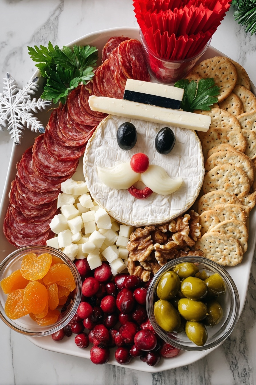 A white plate holds a festive cheese and snack platter arranged on white paper with text. On the right side, a round wheel of soft white cheese is decorated to look like a face with a white hat made from cheese rind, black olive slices for closed eyes, small white cheese pieces shaped like a mustache, and a tiny red spot for a mouth. Above and to the left of the cheese face is a curved layer of thinly sliced red salami. Surrounding the cheese wheel are small white mozzarella balls and white cubed cheese scattered along the plate. To the top left, there is a red paper cup filled with pale round and square crackers, and next to it are walnuts. At the bottom right, a red paper cup holds small biscuit sticks. Near the bottom left is a small glass bowl filled with orange dried apricots. Bright red berries and sprigs of green parsley are scattered around the plate. The plate is set on a white marbled surface. photo taken with an iphone --ar 4:5 --v 7