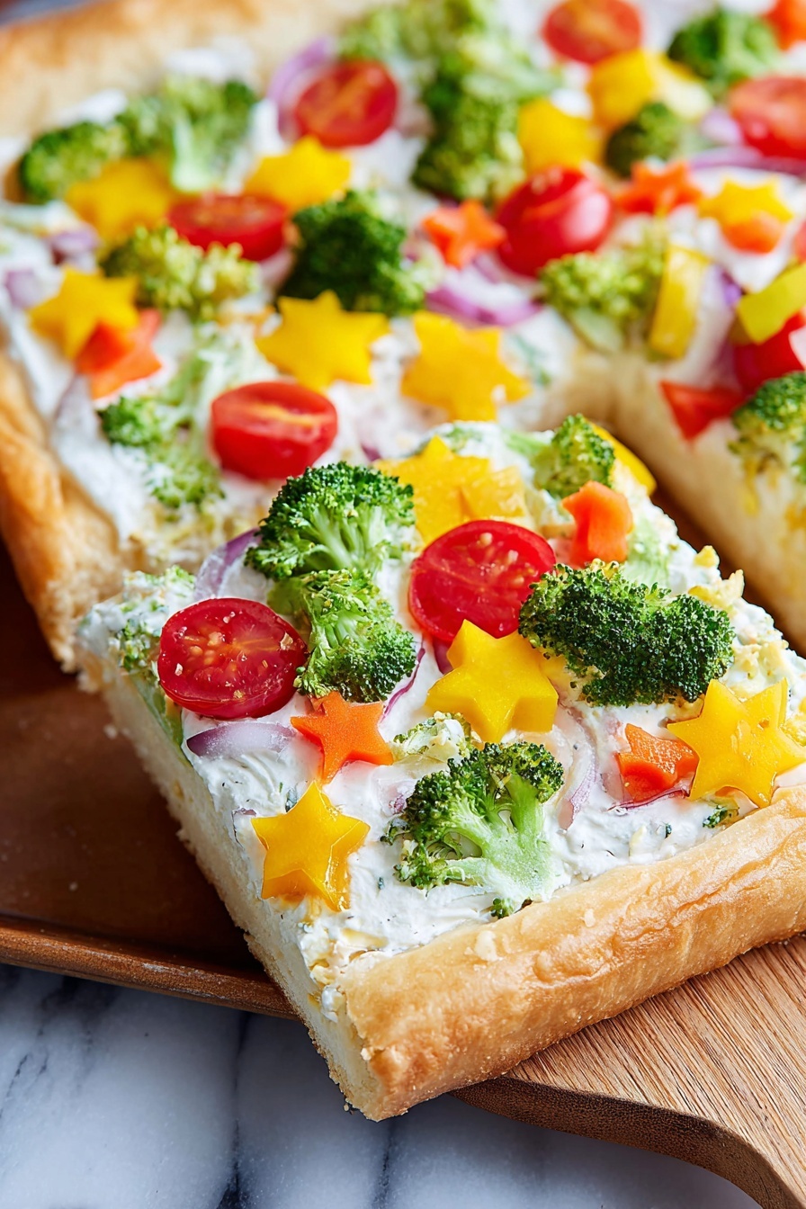 This dish shows a rectangular tart with a golden puff pastry crust as the base layer. Inside the tart, there is a creamy white spread topped with small cauliflower pieces and finely chopped red onion and green onion scattered around the edges. In the center, there is a Christmas tree shape made of small green broccoli pieces. The tree is decorated with round red cherry tomatoes and star-shaped red and yellow bell peppers, along with thin orange carrot strips placed over the broccoli. The tart is placed on a white marbled surface with a blurred red and white cloth in the background. photo taken with an iphone --ar 4:5 --v 7