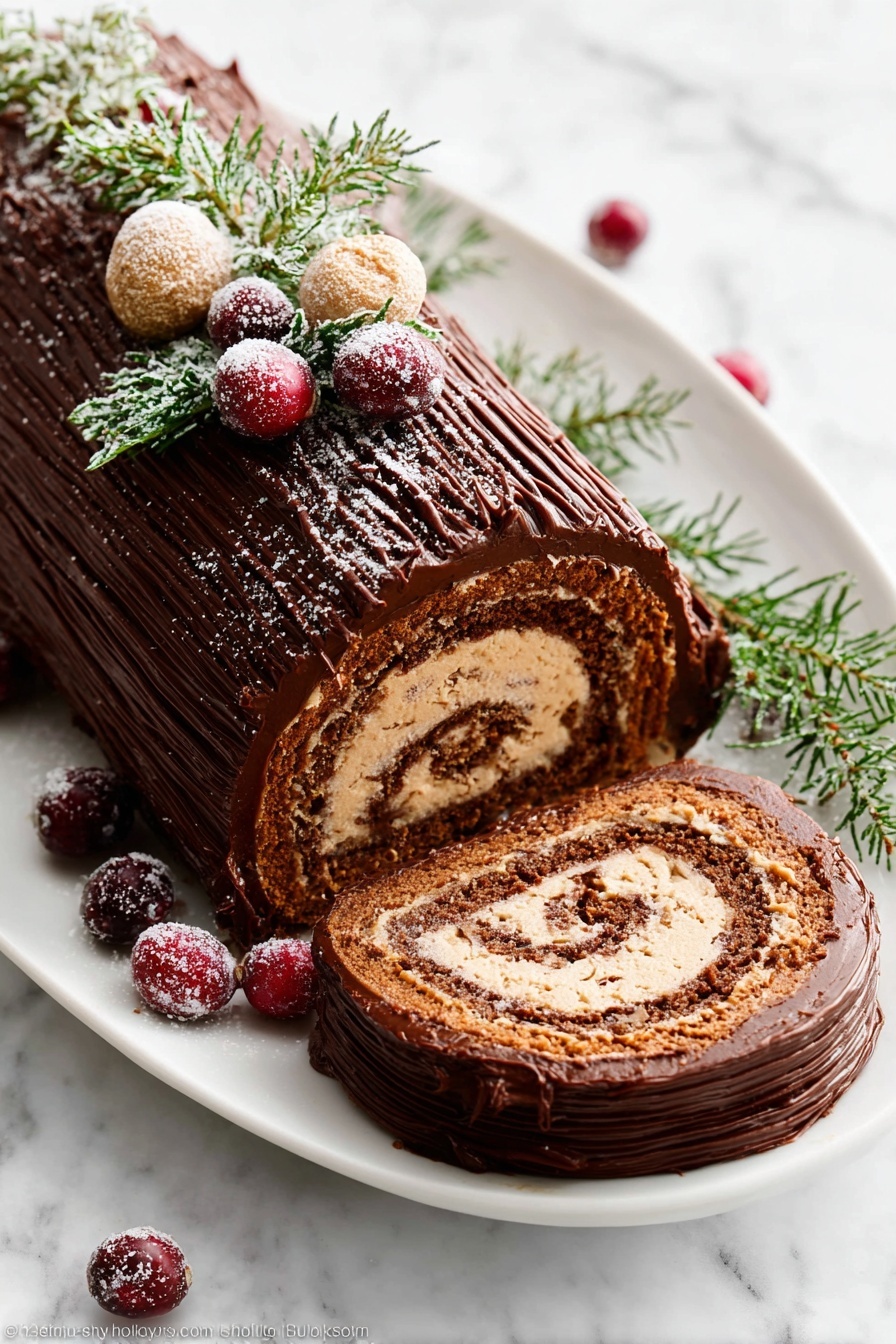 This image shows a chocolate rolled cake on a white plate with a white marbled texture background. The cake has three layers: a dark brown outer layer of smooth chocolate frosting with a textured pattern on top, a middle light brown spongy layer of cake, and an inner creamy light brown filling rolled inside. Around the cake are small red sugared berries, green rosemary sprigs covered lightly with sugar, small round light brown meringue cookies with a dusting of cocoa powder, and a small pine cone for decoration. The whole scene looks festive and wintery with scattered sugar crystals adding a snowy effect photo taken with an iphone --ar 4:5 --v 7