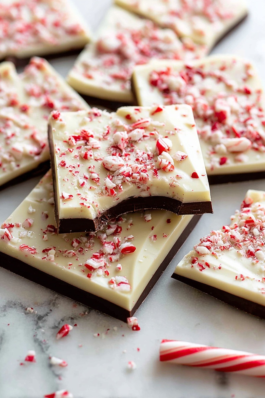 The image shows several square pieces of peppermint bark arranged on a white marbled surface. Each piece has two distinct layers: a bottom dark brown chocolate layer with a smooth, glossy texture, and a thick top layer of creamy white chocolate. The white chocolate layer is sprinkled with small, uneven pieces of crushed red and white peppermint candies, giving a textured look. One piece has a bite taken out, revealing the two layers clearly. A whole red and white peppermint candy stick lies beside the bark pieces. The lighting is soft, highlighting the shiny chocolate layers and the contrast of the red peppermint bits. photo taken with an iphone --ar 4:5 --v 7