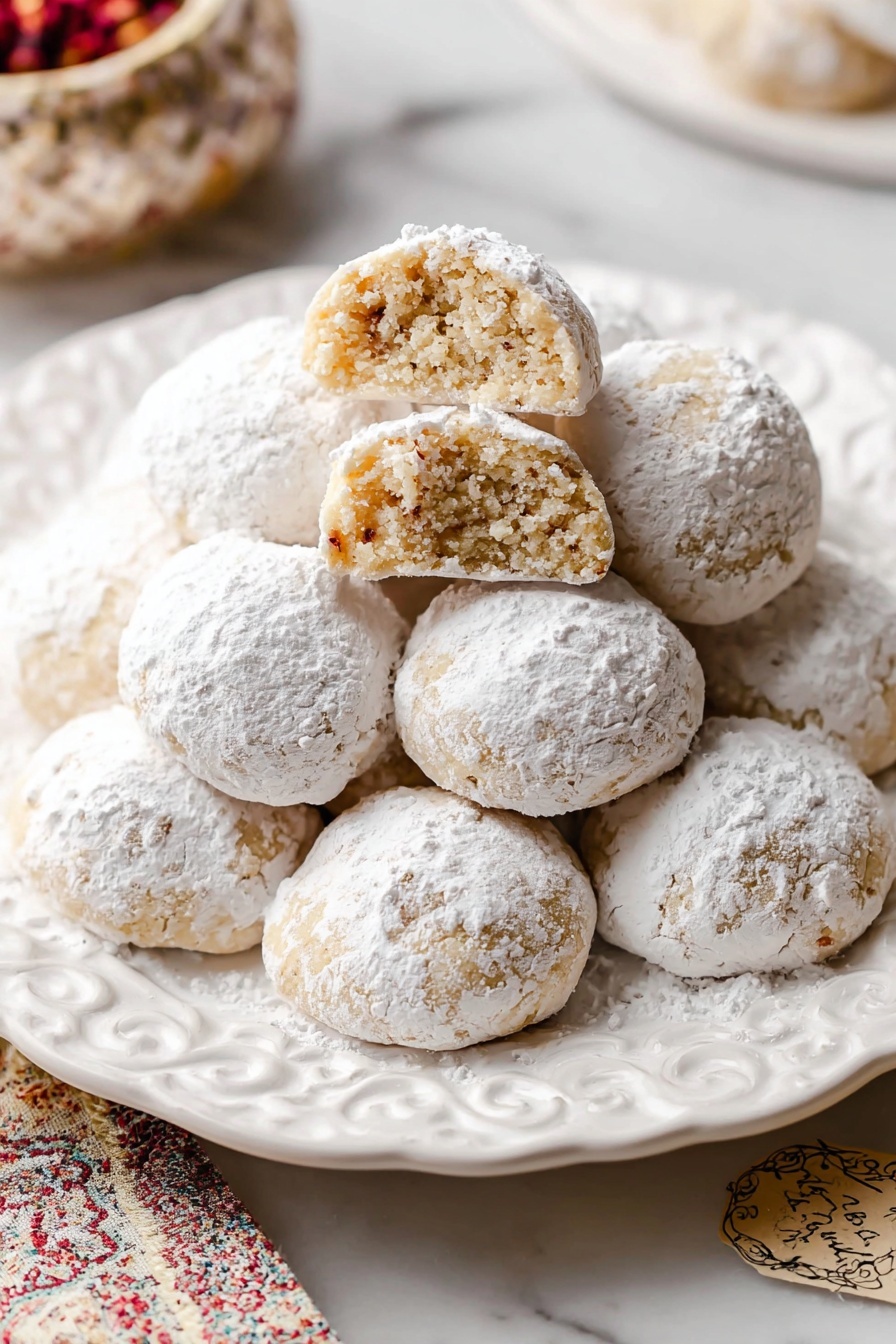 A close-up view of a pile of small round cookies on a white dish with red snowflake patterns around the edges, each cookie covered thickly in white powdered sugar. One cookie on top is broken in half, showing a light brown crumbly inside with a soft texture. The cookies have a slightly rough surface under the sugar. The dish sits on a white marbled surface. photo taken with an iphone --ar 4:5 --v 7