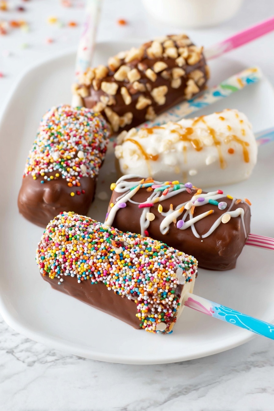 A woman's hand holds three treat sticks side by side against a white marbled background. The left stick is covered in milk chocolate with rough chopped nuts all over it, showing a crunchy texture. The middle stick is coated in smooth milk chocolate and covered with colorful round and rod-shaped sprinkles in red, green, yellow, pink, white, and orange. The right stick has four thick white marshmallows stacked on top of each other with shiny drizzles of dark brown chocolate and caramel sauce wrapped around them in a spiral. Each stick is held by a striped paper stick, pink and white on the left, blue and white in the middle, and yellow and white on the right. photo taken with an iphone --ar 4:5 --v 7