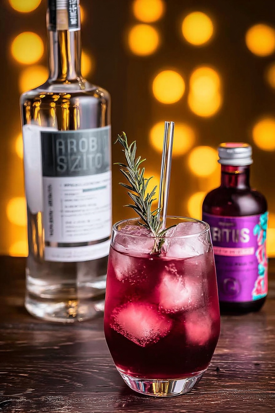 A clear glass filled with a deep purple-red drink, with ice cubes floating inside, topped with a sprig of green rosemary standing upright. A clear glass straw is placed in the glass. Behind the glass, there is a large clear bottle with a white label reading 