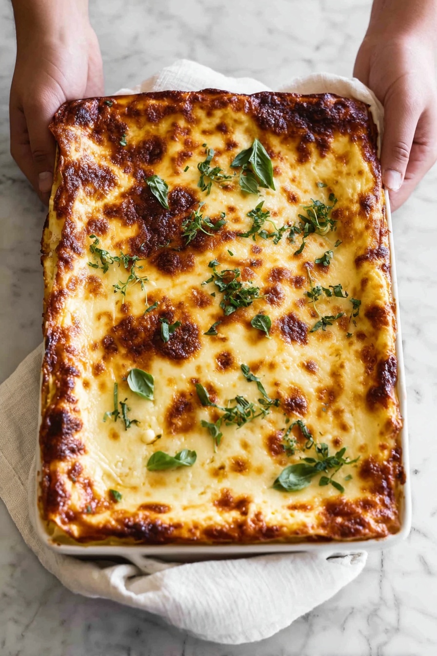 A white rectangular baking dish holds a freshly baked lasagna with a golden brown, slightly bubbly cheese layer on top, showing patches of darker browned spots. The edges reveal soft pasta sheets peeking through the cheese. Freshly chopped green herbs are sprinkled across the surface, adding a touch of color contrast. Two woman's hands hold the dish with a white cloth against a white marbled surface background. Photo taken with an iphone --ar 4:5 --v 7