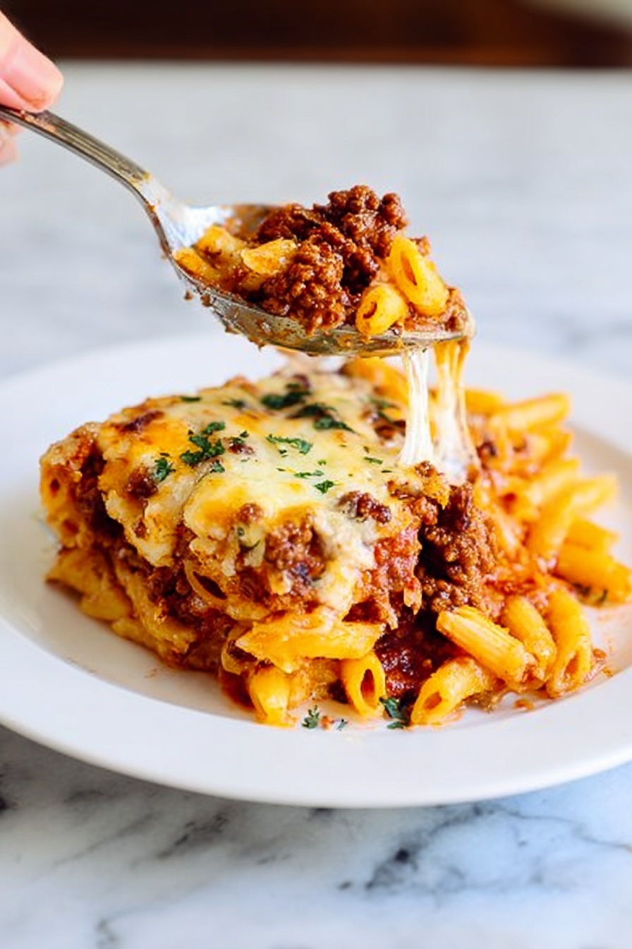The image shows a white plate with a layer of cooked penne pasta at the bottom, which is light orange from the sauce. On top of the pasta, there is a thick layer of browned ground meat mixed with a rich red tomato sauce. Above the meat layer, there is a sprinkle of melted cheese, slightly browned and creamy in texture. Small green parsley leaves are scattered on top as garnish. A metal spoon is scooping some of the pasta and meat from the plate, with a woman's hand visible holding the spoon. The plate sits on a white marbled surface. photo taken with an iphone --ar 4:5 --v 7