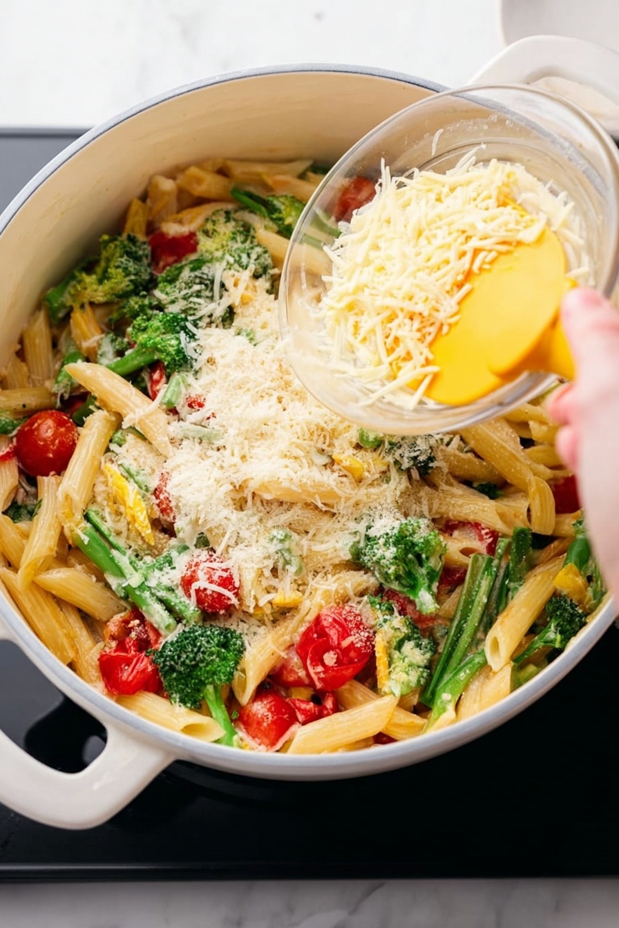 A white pot filled with cooked penne pasta as the bottom layer, topped with a mix of halved cherry tomatoes, green vegetables, and colorful bell pepper strips, creating a vibrant middle layer. The top layer is covered in finely grated light yellow cheese. A woman's hand is holding a small glass bowl with more grated cheese, adding it over the pasta. The pot sits on a white marbled surface. photo taken with an iphone --ar 4:5 --v 7