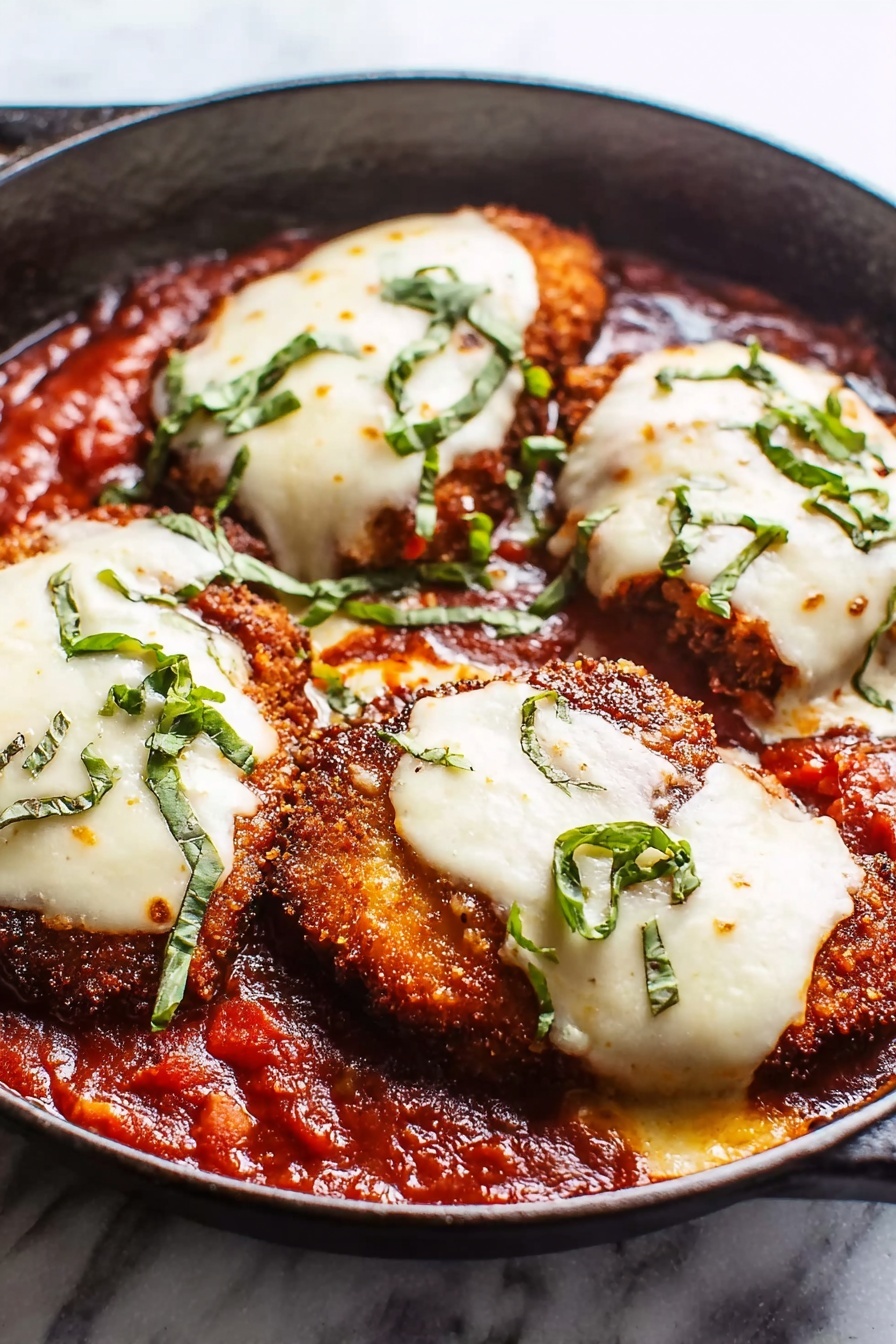 A black frying pan filled with a rich, red tomato sauce that has a slightly chunky texture and visible herbs. On top of the sauce, there are five pieces of golden-brown fried food, each topped with a smooth, white cheese slice that is beginning to melt. Small green basil leaves and a sprinkle of herbs are scattered across the sauce and cheese. The pan is set on a white marbled surface, with natural light highlighting the vibrant colors and textures of the dish. photo taken with an iphone --ar 4:5 --v 7