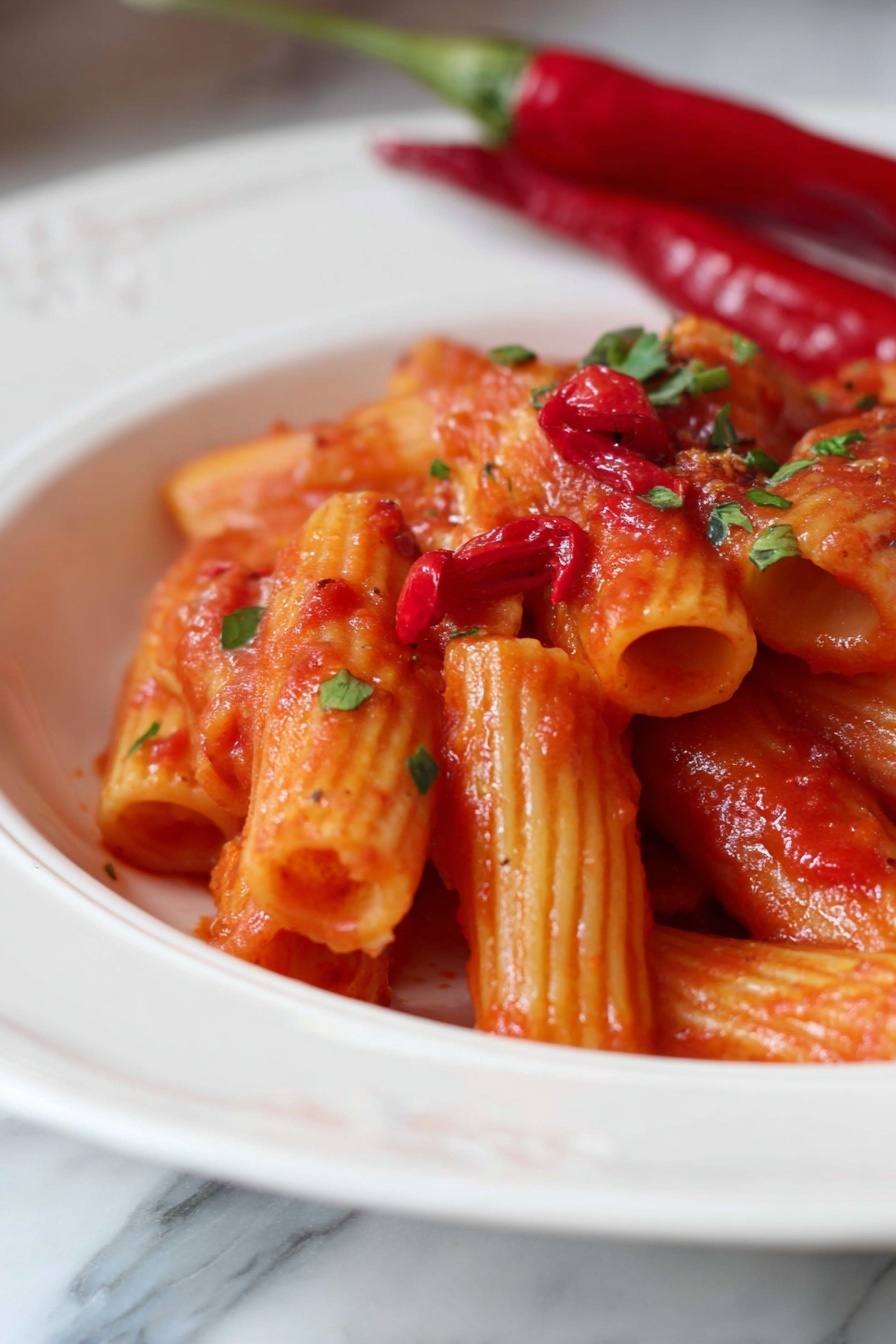 A close-up of a silver fork holding two pieces of penne pasta coated in bright red tomato sauce with small pieces of green herbs and thin slices of red chili pepper. The pasta has a smooth, slightly shiny texture, and the sauce clings well to it. Below the fork, a white plate is partly visible with more pasta and red chili peppers, all set on a white marbled surface. The background is blurred with soft neutral colors, making the pasta the clear focus. photo taken with an iphone --ar 4:5 --v 7
