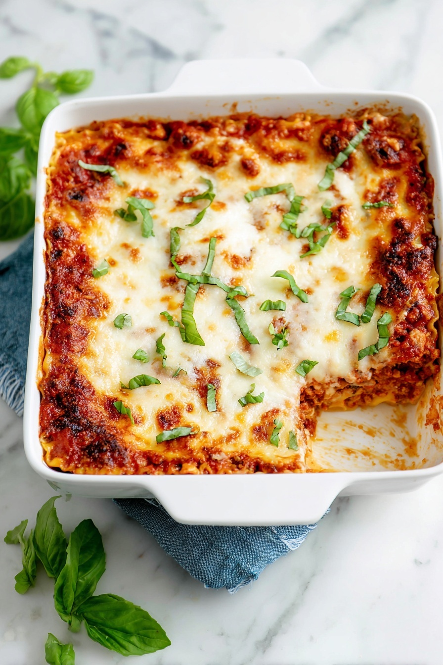 A white square baking dish filled with a baked lasagna showing multiple layers: a bottom layer of tomato sauce with visible small chunks of vegetables or meat, covered by a thick layer of melted, bubbly white cheese with a slightly browned top, scattered with fresh green basil leaves on top. The dish is placed on a white marbled surface with basil leaves nearby and part of a blue cloth visible under one handle of the dish. photo taken with an iphone --ar 4:5 --v 7