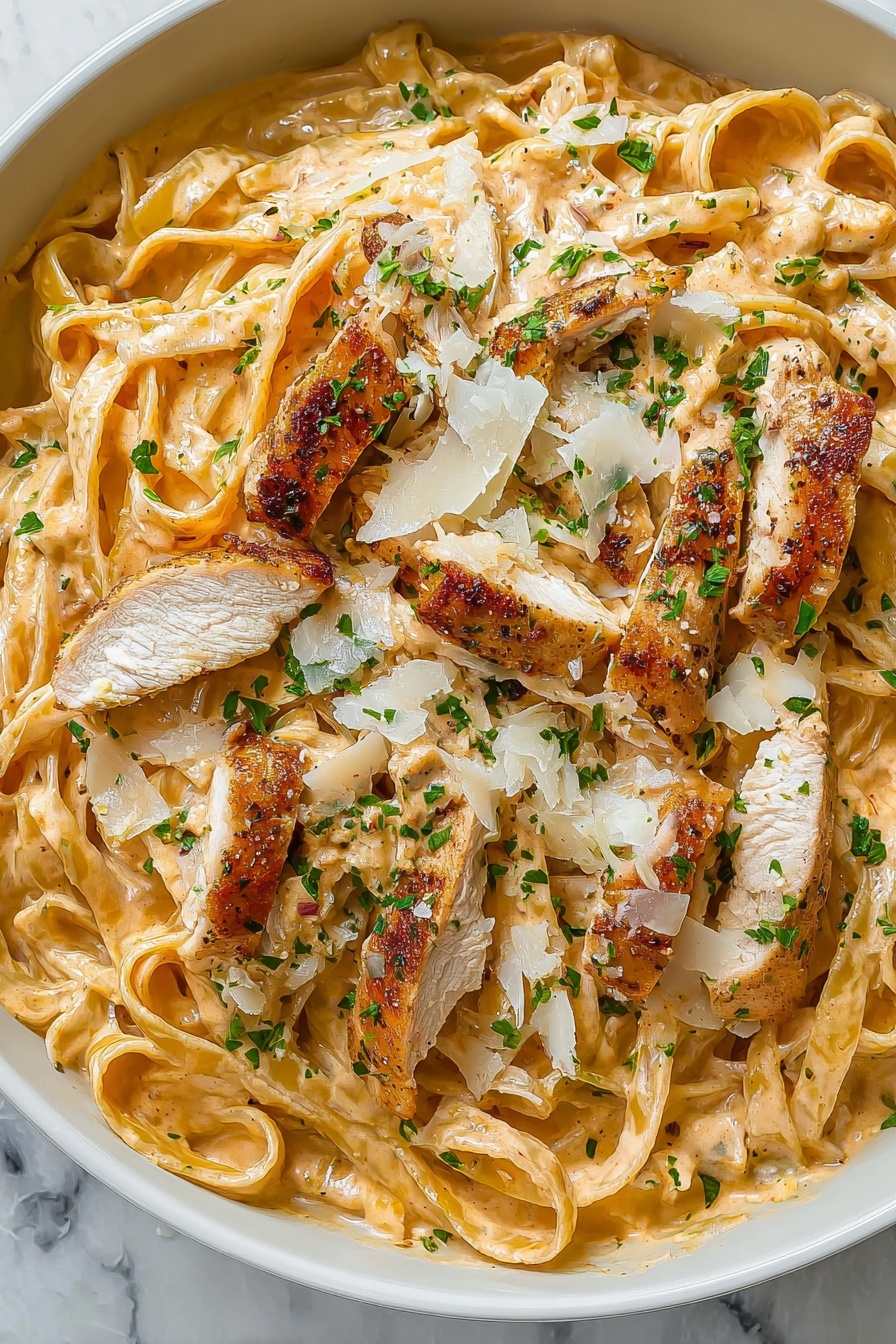 This close-up image shows creamy fettuccine pasta mixed with slices of golden-brown cooked chicken on top, all coated in a thick light beige sauce with small specks of black pepper and herbs. The pasta strands look soft and slightly twisted, weaving through chunks of grilled chicken that show a crunchy outside and juicy inside. Fresh green herbs are sprinkled lightly throughout for color, along with thin white shavings of cheese scattered on top. The dish is served in a white bowl with a white marbled surface in the background, creating a clean, bright setting. photo taken with an iphone --ar 4:5 --v 7