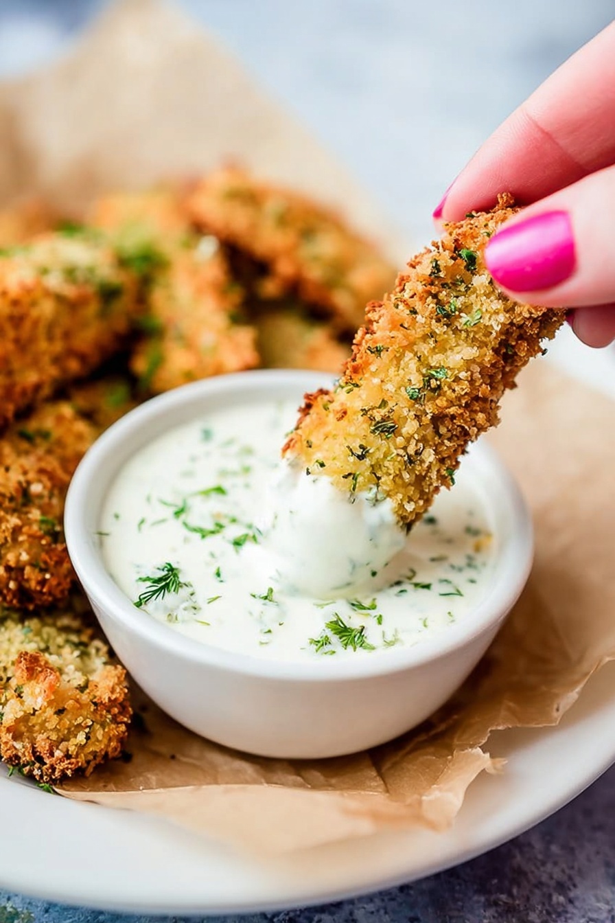 A woman's hand with pink nail polish is holding a golden brown crispy breaded stick, dipping it into a white bowl filled with creamy white sauce sprinkled with green herbs on top. The bowl sits on a white plate lined with beige parchment paper, and more breaded sticks are blurry in the background on the same plate. The surface under the plate is a white marbled texture. photo taken with an iphone --ar 4:5 --v 7