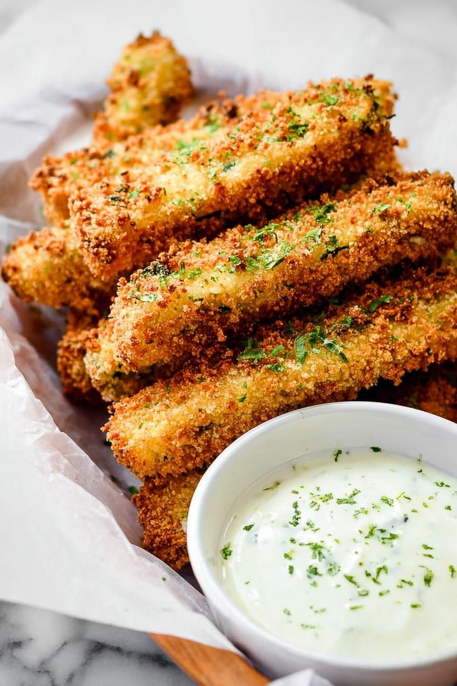 The image shows a white basket lined with white paper holding several golden brown breaded zucchini sticks arranged in a slightly overlapping pattern, sprinkled with small green herb bits. Next to the basket is a white bowl filled with a creamy white dipping sauce that has small green herb pieces on top. The background is a white marbled surface. photo taken with an iphone --ar 4:5 --v 7