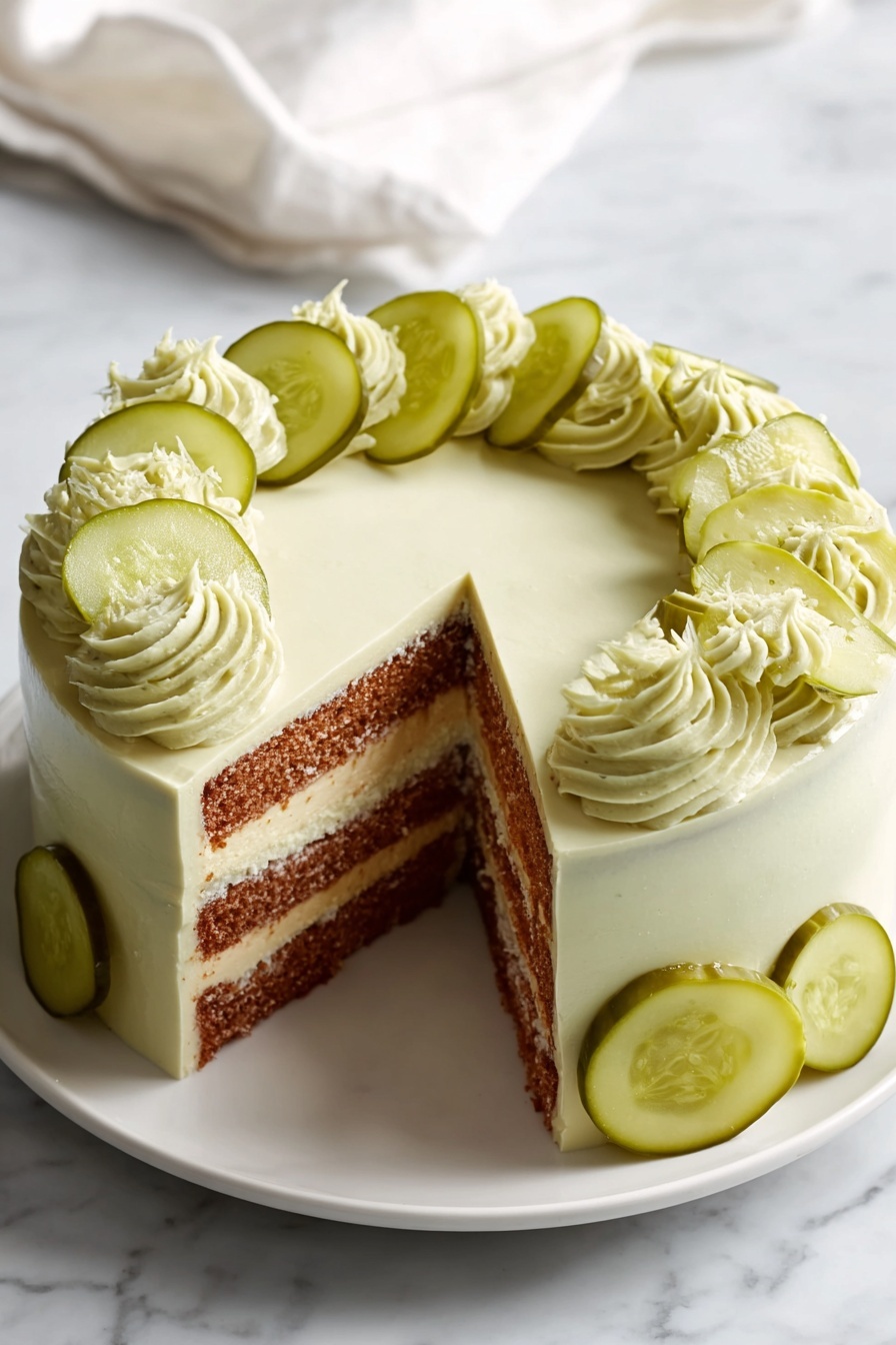 A round cake with three visible brown layers separated by two light brown creamy layers is shown with a slice cut out. The cake is covered on top and around the sides with smooth white frosting that has a subtle spiral pattern on top. Around the edge of the cake’s top and sides, there are evenly spaced round slices of green pickle. The cake is placed on a white plate on a white marbled surface with a white cloth in the background. Photo taken with an iphone --ar 4:5 --v 7