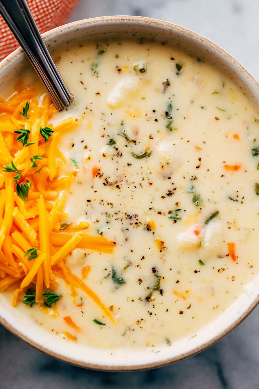 The image shows a thick bowl of creamy soup with a smooth texture and bits of orange, green, and red vegetables mixed in. The soup is off-white with small specks of black pepper and herbs. On the top left side, bright green chopped herbs and scallions are sprinkled, and shredded orange cheese is slightly melted into the soup. A silver spoon is partially dipped into the soup on the left side of the white bowl, which sits on a white marbled surface. In the background, there is a smaller white bowl with the same creamy soup. Photo taken with an iphone --ar 4:5 --v 7