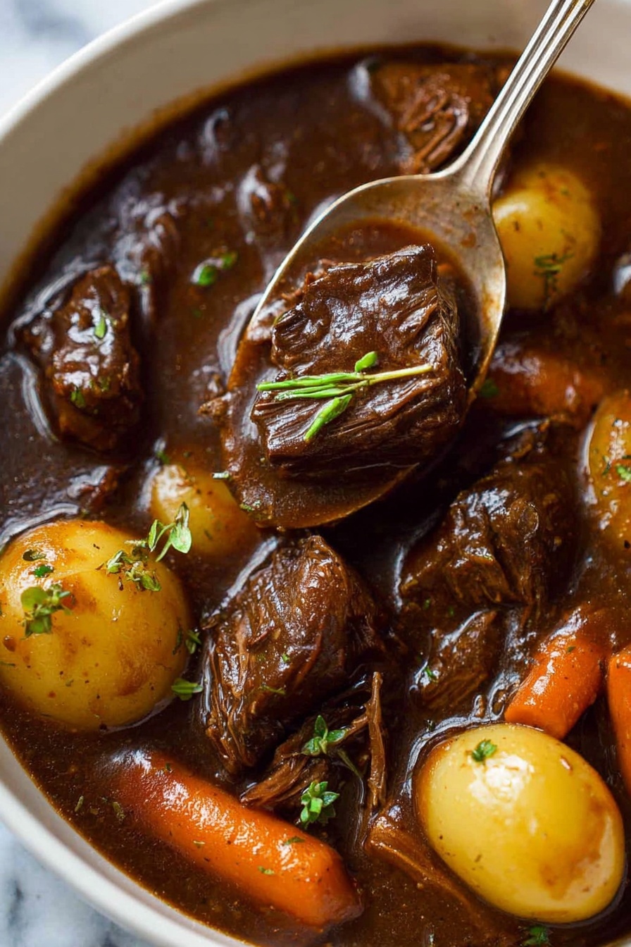 The dish shows a white bowl filled with three main layers: at the bottom, there is a creamy, smooth white mashed potato layer that covers the right side of the bowl; on top of this, rich, dark brown beef stew chunks are scattered, with a glossy, thick texture. Among the beef pieces, there are small round yellow potatoes and long green celery sticks adding color contrast. The stew looks moist and shiny, with small green herb sprigs on top for garnish. A silver spoon rests on the left side of the bowl. The bowl is set on a white marbled surface. Photo taken with an iphone --ar 4:5 --v 7