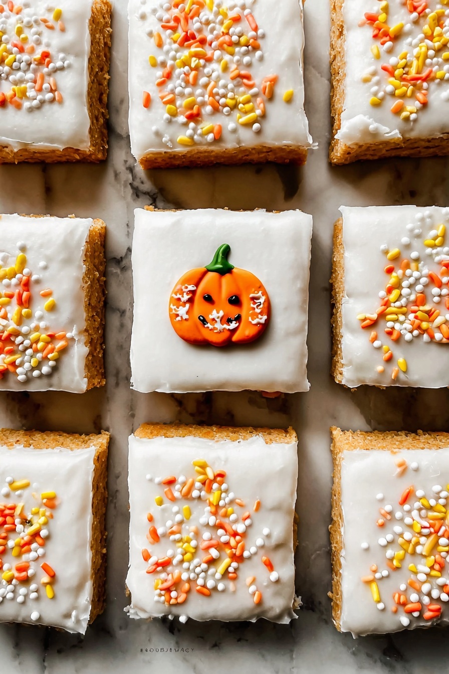 A close-up view of nine square cake pieces arranged in a grid, each piece with two layers: a moist brown cake base and a thick smooth white frosting layer on top. The frosting is decorated with small Halloween themed colorful sprinkles including orange, yellow, and white shapes. Two of the cake pieces have small pumpkin-shaped sugar decorations with detailed orange bead textures and green stems placed near the center. One middle cake piece is lifted, showing the cake’s soft, porous texture on the side with frosting clinging to it. The cakes rest on a white marbled surface. photo taken with an iphone --ar 4:5 --v 7