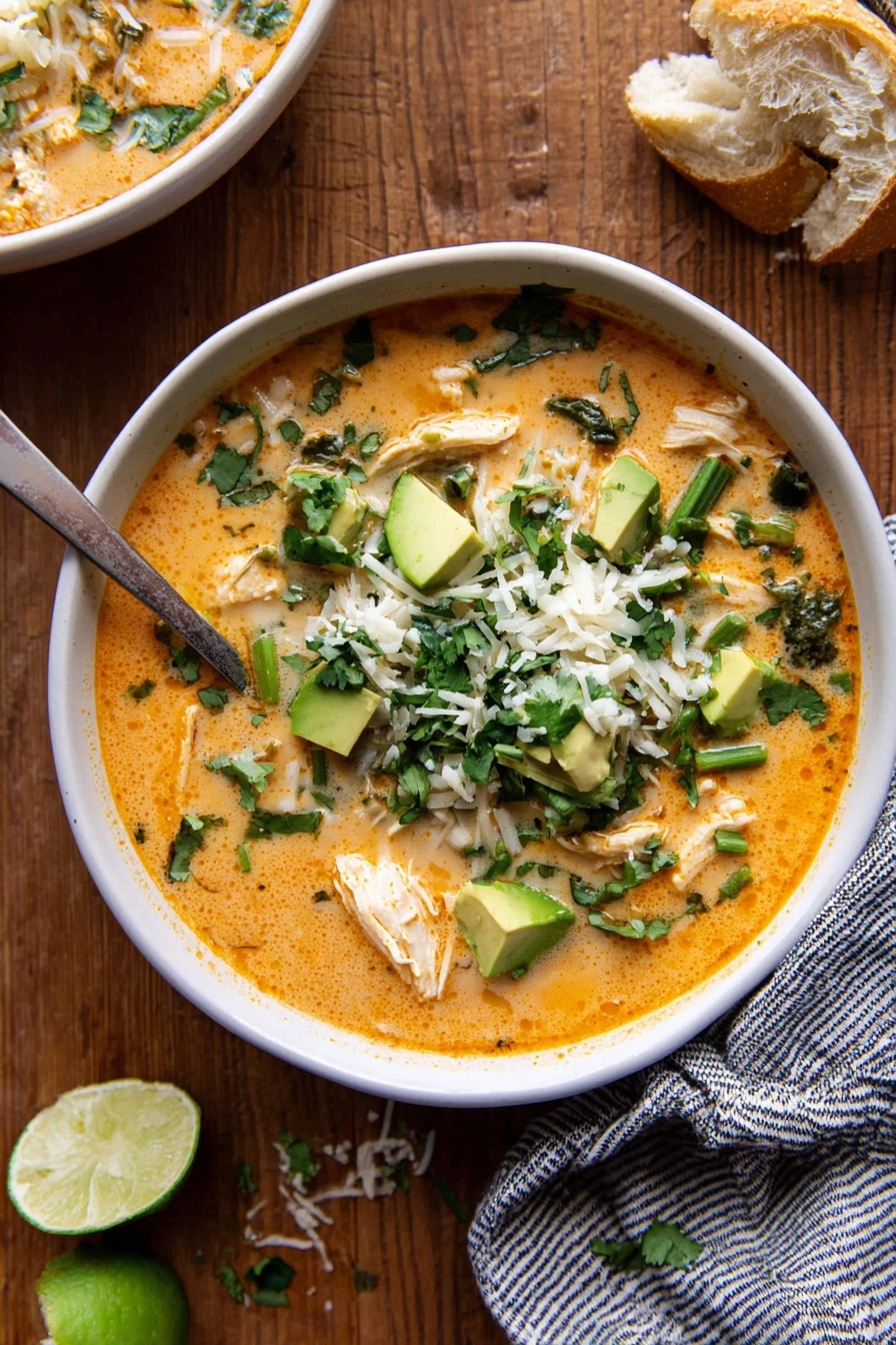 A white bowl filled with creamy orange soup with visible pieces of chicken and vegetables, topped with a layer of green chopped cilantro spread on one side, a scoop of white sour cream in the center, bright green chopped green onions placed over the sour cream, chunks of light green avocado around the soup, and a small pile of shredded white cheese next to the sour cream. A silver spoon sits inside the bowl on the left side. The bowl rests on a wooden surface with some crumbs and a piece of bread nearby, next to a white and blue striped cloth. Photo taken with an iphone --ar 4:5 --v 7