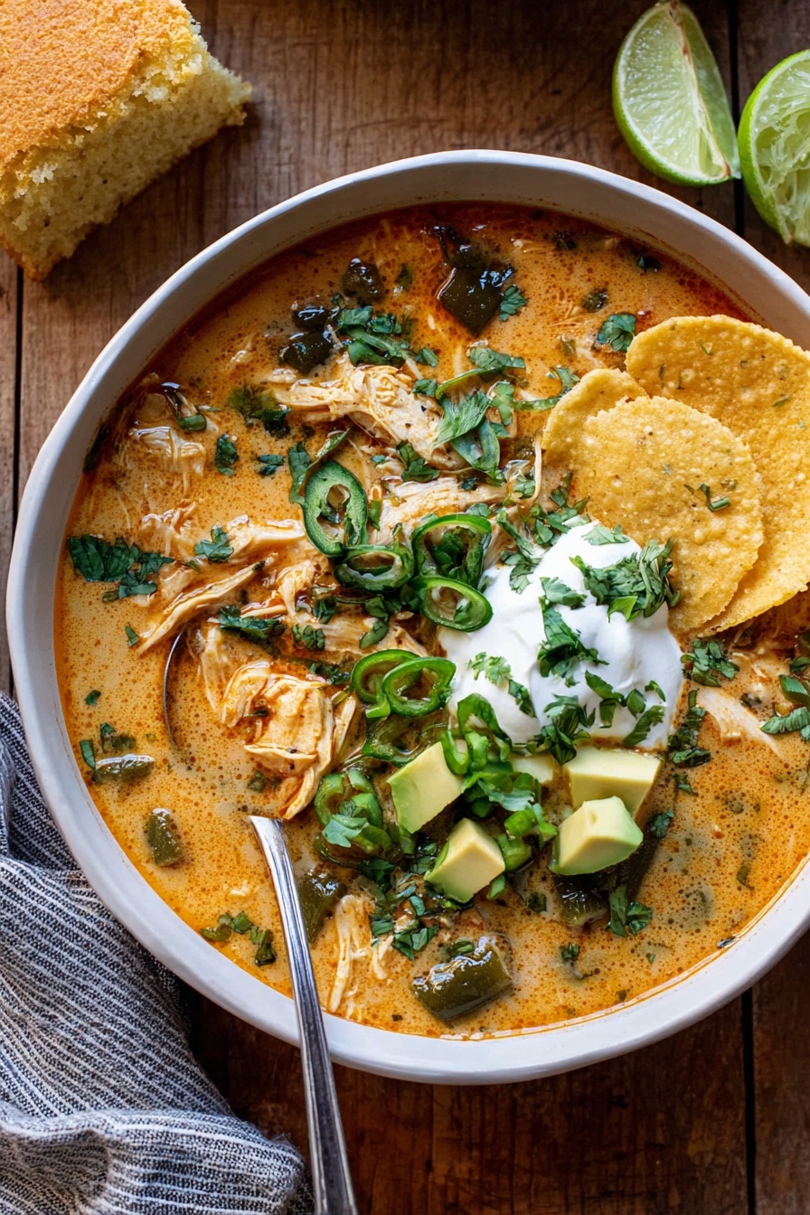 A white bowl filled with creamy orange soup that has chunks of chicken and vegetables inside. On top, there are bright green diced avocado, chopped green onions, and fresh cilantro leaves. A dollop of white sour cream is in the center. There are some thin crispy yellow tortilla chips and a few slices of roasted orange squash resting on the side of the bowl. A silver spoon is placed inside the bowl, resting against the edge. The bowl is on a wooden surface with a piece of light-colored bread and a striped gray and white cloth nearby. Photo taken with an iphone --ar 4:5 --v 7