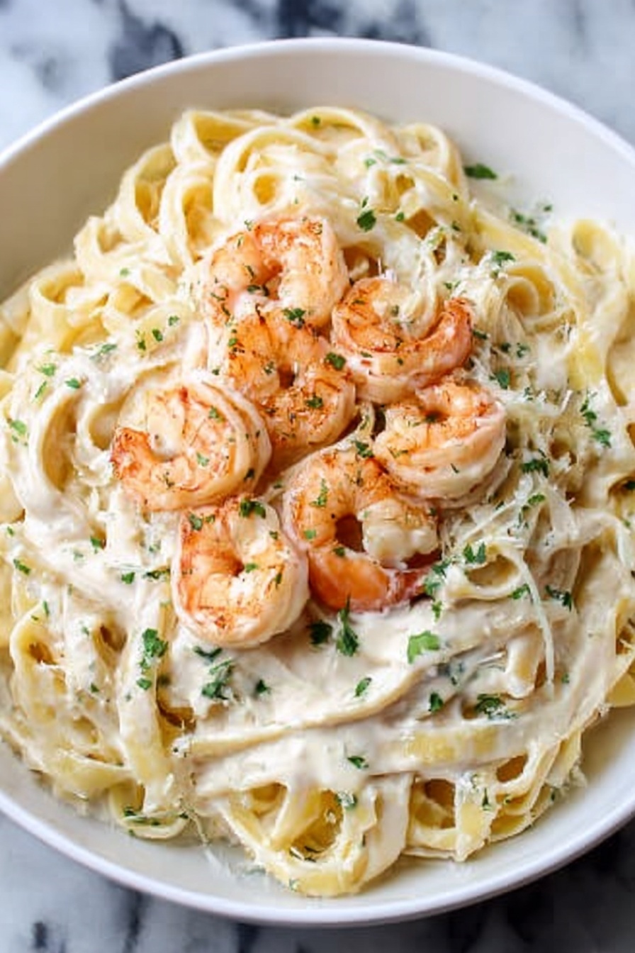 The left side shows a white pan with cooked shrimp that are pink and white with a slight shine, seasoned with black pepper, arranged loosely and spread out. The right side displays a white bowl filled with creamy white fettuccine pasta, with shrimp mixed in on top. The pasta looks smooth and coated in sauce, garnished lightly with small green herb pieces. A fork lifts some pasta and shrimp from the bowl. The background is a white marbled surface. photo taken with an iphone --ar 4:5 --v 7