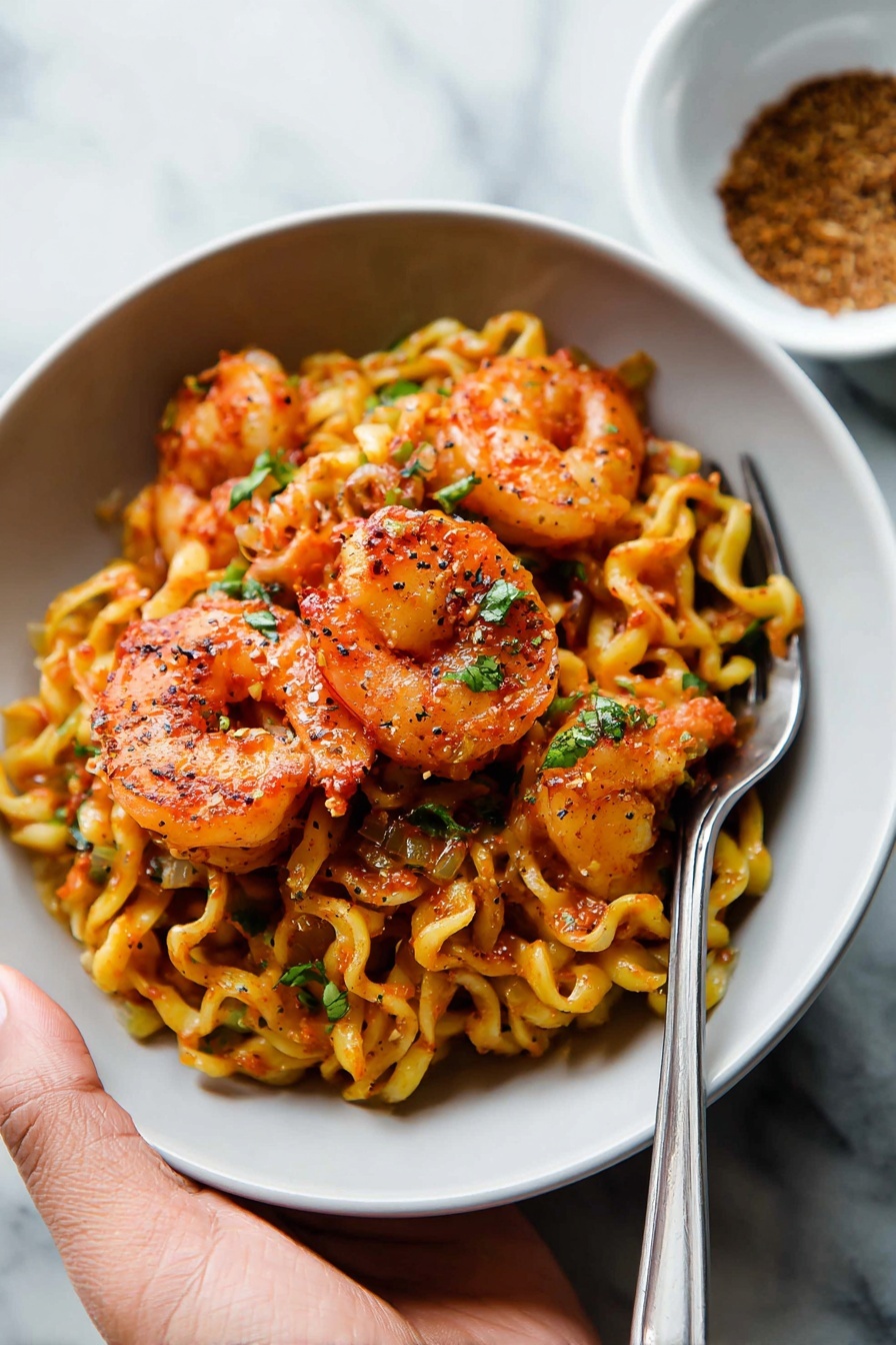 A dark gray bowl is filled with thick, curly noodles in a red sauce mixed with several large, pink cooked shrimp. The shrimp are coated in the sauce and sprinkled with small bits of green herbs, mainly on top. A silver fork rests on the right edge of the bowl. A woman's hand holds the bowl from the left bottom corner. In the blurry background, a small bowl with red flakes and light cloth are visible on a white marbled surface. photo taken with an iphone --ar 4:5 --v 7