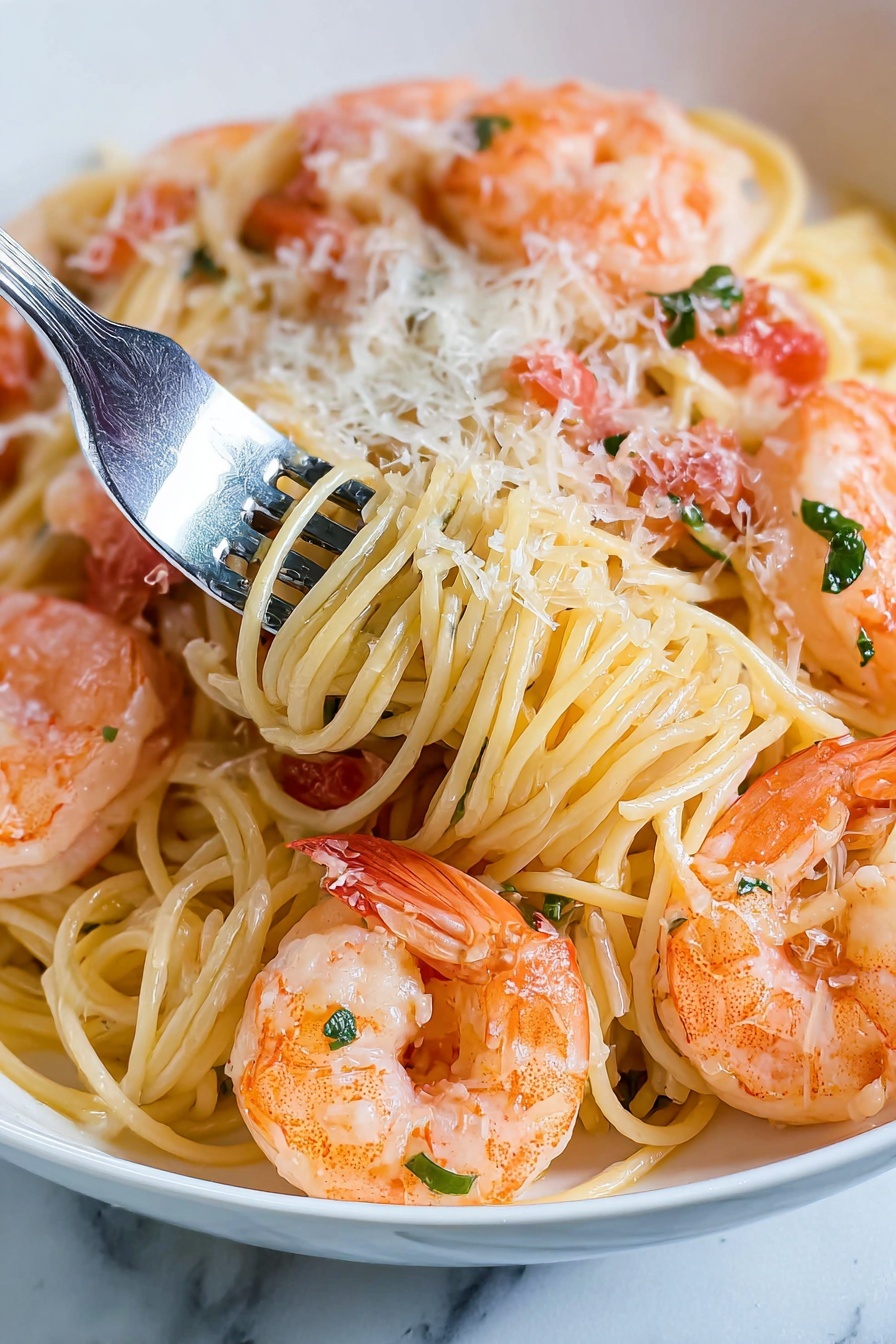 A white bowl filled with spaghetti noodles forms the base layer, golden-yellow in color and slightly glossy from sauce. Scattered on top are pieces of pinkish shrimp with a slightly translucent texture, some nestled among the noodles and others resting on top. Small chunks of red tomatoes and bits of green herbs are mixed in throughout the pasta, adding pops of color. The whole dish is lightly sprinkled with finely grated white cheese, creating a loose, snow-like layer over the shrimp and noodles. A silver fork is tucked into the side of the bowl, slightly lifting a bite of pasta that shows the layered ingredients clearly. The bowl sits on a white marbled surface. photo taken with an iphone --ar 4:5 --v 7