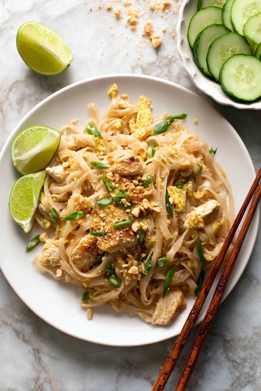 A white plate holds a serving of flat rice noodles mixed with light brown cooked pieces of meat, scrambled egg bits, and green chives. The dish is sprinkled with crushed peanuts and a reddish spice powder over the top. Two lime wedges rest on the left side of the plate. To the upper right of the plate are wooden chopsticks placed at an angle. Nearby to the top right, there is a white bowl filled with overlapping slices of green cucumber. The scene is set on a white marbled surface with some scattered peanut crumbs and a lime wedge in the background. photo taken with an iphone --ar 4:5 --v 7