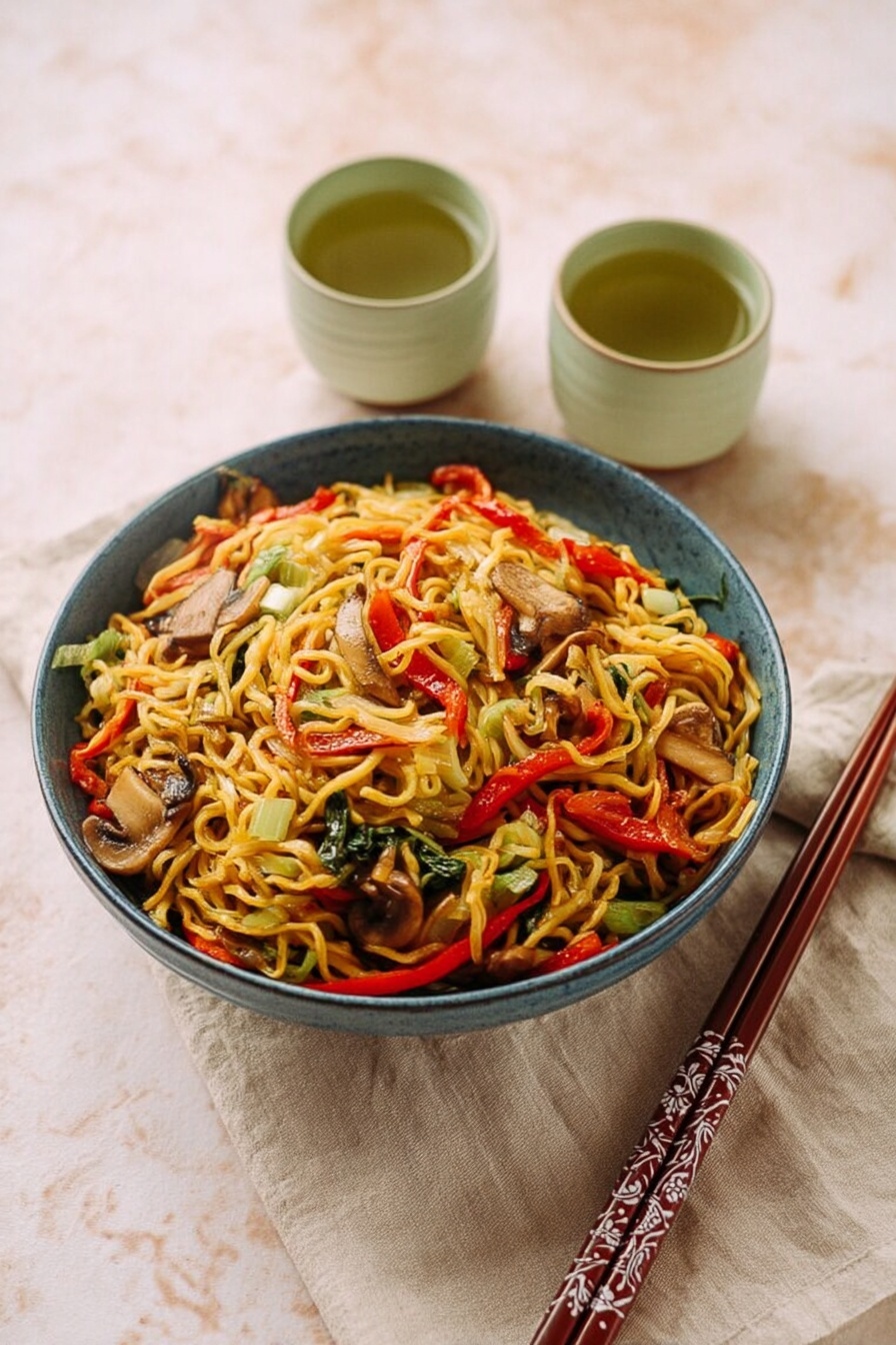 A bowl filled with stir-fried noodles mixed with thin strips of red peppers, green vegetables, and pieces of cooked mushrooms, all tossed together creating a colorful and textured mix with a glossy look on each noodle strand. The bowl is white with a subtle blue rim and sits on a beige cloth atop a white marbled surface. To the side are a pair of dark brown chopsticks with red and white patterns on the ends, and in the background, there are two small white ceramic cups with a greenish tint, filled with a light brown liquid. photo taken with an iphone --ar 4:5 --v 7