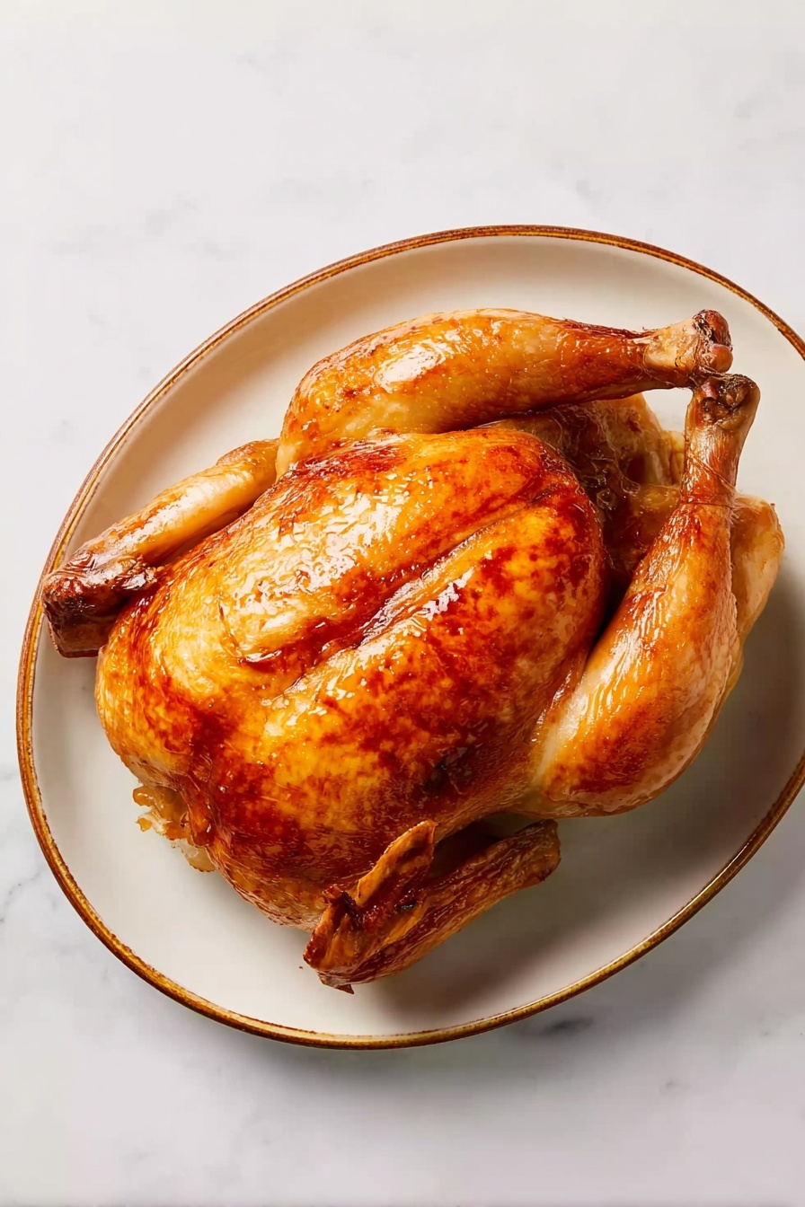 A whole roasted chicken with golden-brown skin sits centered on a white oval plate, showing a shiny and crispy texture across its plump body and wings tucked beside it. The chicken is placed on a white marbled surface, its skin evenly browned with slight darker spots on the legs and wing tips. The plate has a thin beige rim that frames the bird simply. photo taken with an iphone --ar 4:5 --v 7