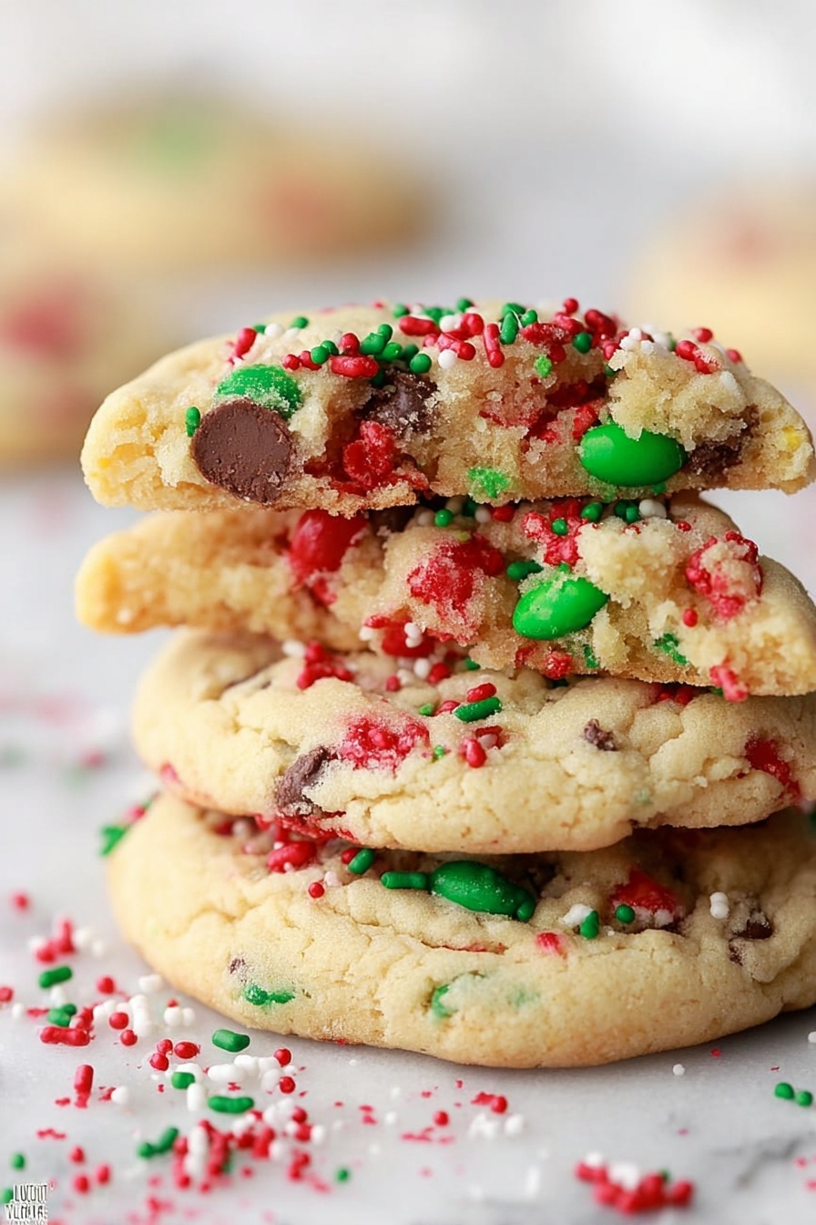 A stack of three cookies is shown on a white marbled surface. The bottom cookie is whole with red and green candy pieces embedded in its light brown dough, with red and green round sprinkles scattered around it. On top of this base cookie, two cookie halves are layered, showing a soft, crumbly inside with chocolate chips and colorful candy pieces in red and green. The top cookie half has red and green sprinkles on its surface, adding texture and bright color contrast. In the background, a blurry stack of more cookies is visible. Photo taken with an iphone --ar 4:5 --v 7