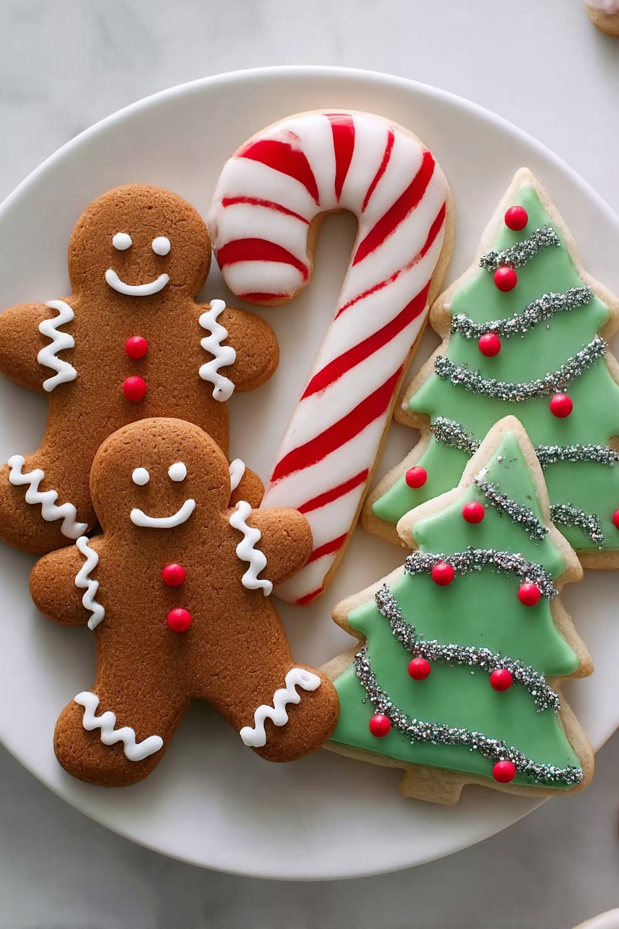 A white plate on a white marbled surface holds five decorated sugar cookies. There are two gingerbread men cookies in the front, brown with white icing details on their arms and legs, red buttons down their middle, and simple faces with black eyes and white smiling mouths. Behind them are two candy cane cookies with white icing bases and red sugar stripes running diagonally across, one leaning on the other. Next to them is a green Christmas tree cookie decorated with scalloped white icing lines and dotted with small red icing dots to look like ornaments. photo taken with an iphone --ar 4:5 --v 7
