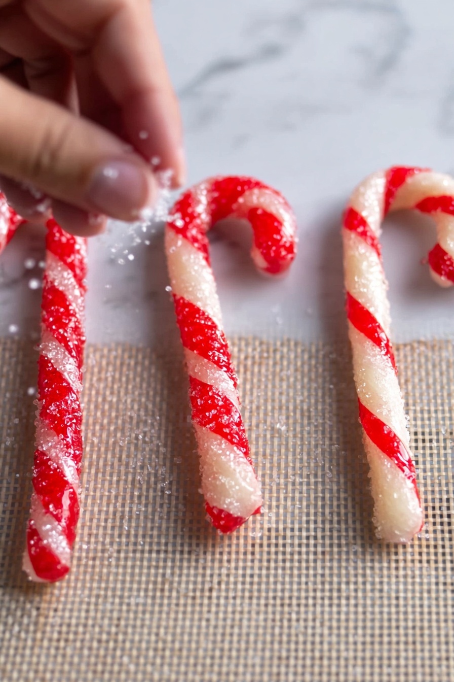 A close-up image shows three candy canes made from twisted red and cream dough placed on a baking mat with a white marbled texture visible underneath. The candy cane on the left is straight, the middle one is being held at the top by a woman's hand, and the right one is curved into a hook shape. Rough white sugar crystals are sprinkled unevenly on each candy cane, adding a sparkling texture. The woman's hand is positioned above the middle candy cane, gently touching it from the top. photo taken with an iphone --ar 4:5 --v 7