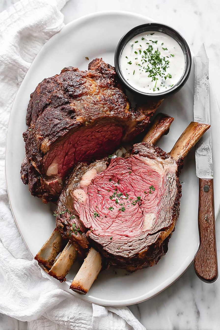 The image shows two thick slices of roast beef on a white plate placed on a white marbled surface. Each slice has a dark brown, crispy outer layer with visible seasoning, while the inside is juicy and red, showing a medium-rare texture with some white fat marbled through the meat. A small white cup with creamy white sauce topped with chopped green herbs sits beside the beef on the plate. The overall scene looks fresh and appetizing with a clean background. Photo taken with an iphone --ar 4:5 --v 7