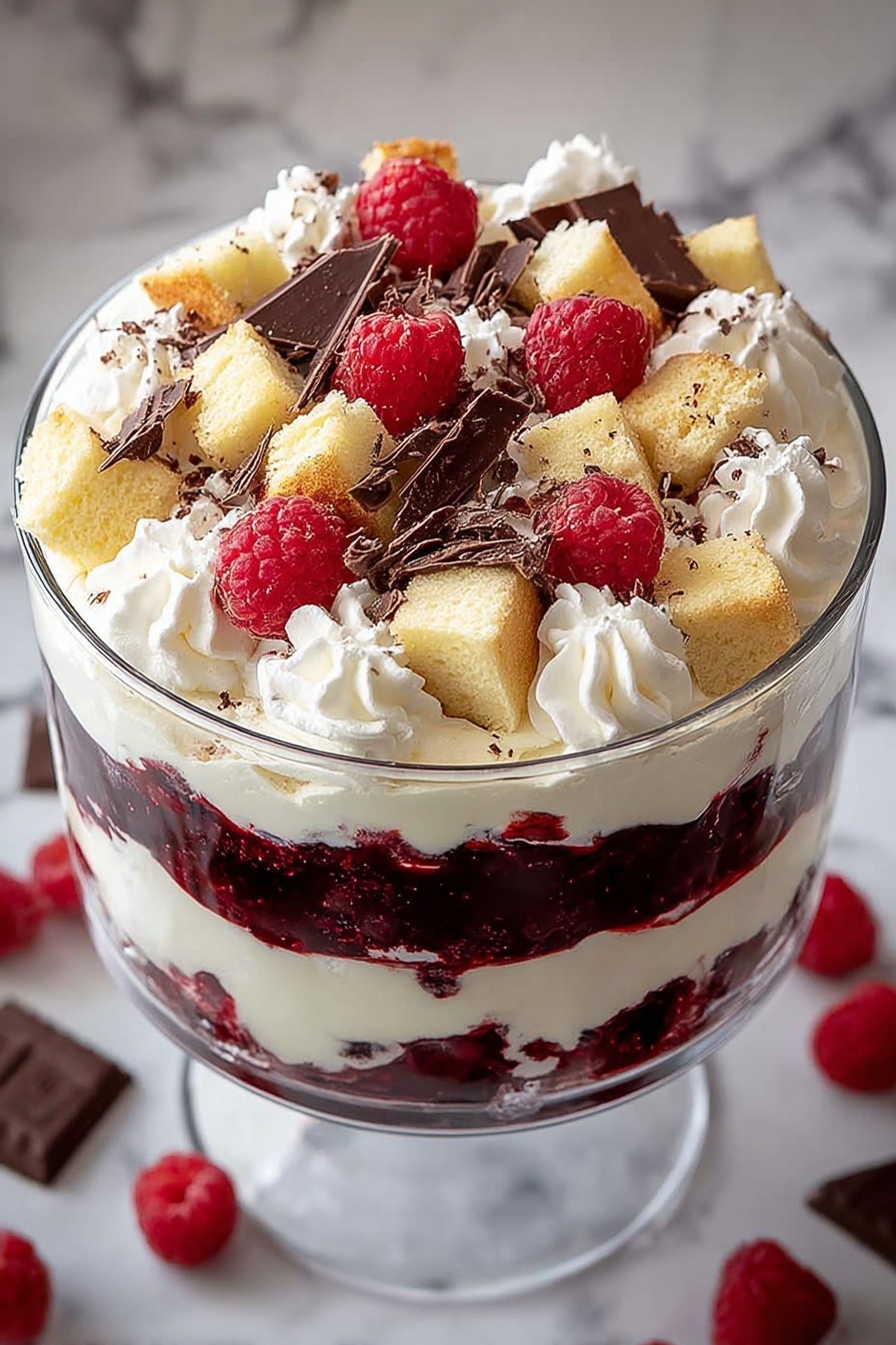 This dessert is served in a clear glass bowl showing four distinct layers. The bottom layer is white and creamy, topped by a thick deep red layer with visible seeds, likely raspberry. Above this is a layer of small yellow cake cubes mixed with white whipped cream swirls. The top layer is decorated with scattered fresh red raspberries and broken pieces of dark chocolate, all placed on the whipped cream and cake cubes. The bowl sits on a white marbled surface with some raspberries and chocolate pieces around it. Photo taken with an iphone --ar 4:5 --v 7