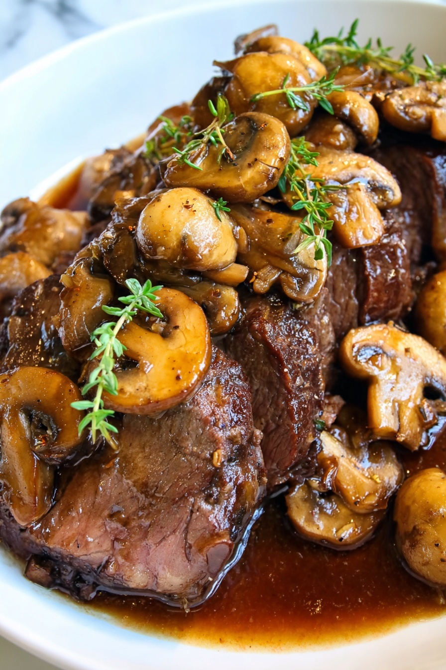 The image shows a white rectangular dish with multiple slices of dark brown cooked meat arranged in a row, topped with a layer of cooked light brown mushrooms with a slight shine. Sprigs of fresh green thyme are placed on top of the mushrooms. The dish has a light brown sauce pooling at the bottom around the meat. The plate is on a white marbled surface. photo taken with an iphone --ar 4:5 --v 7