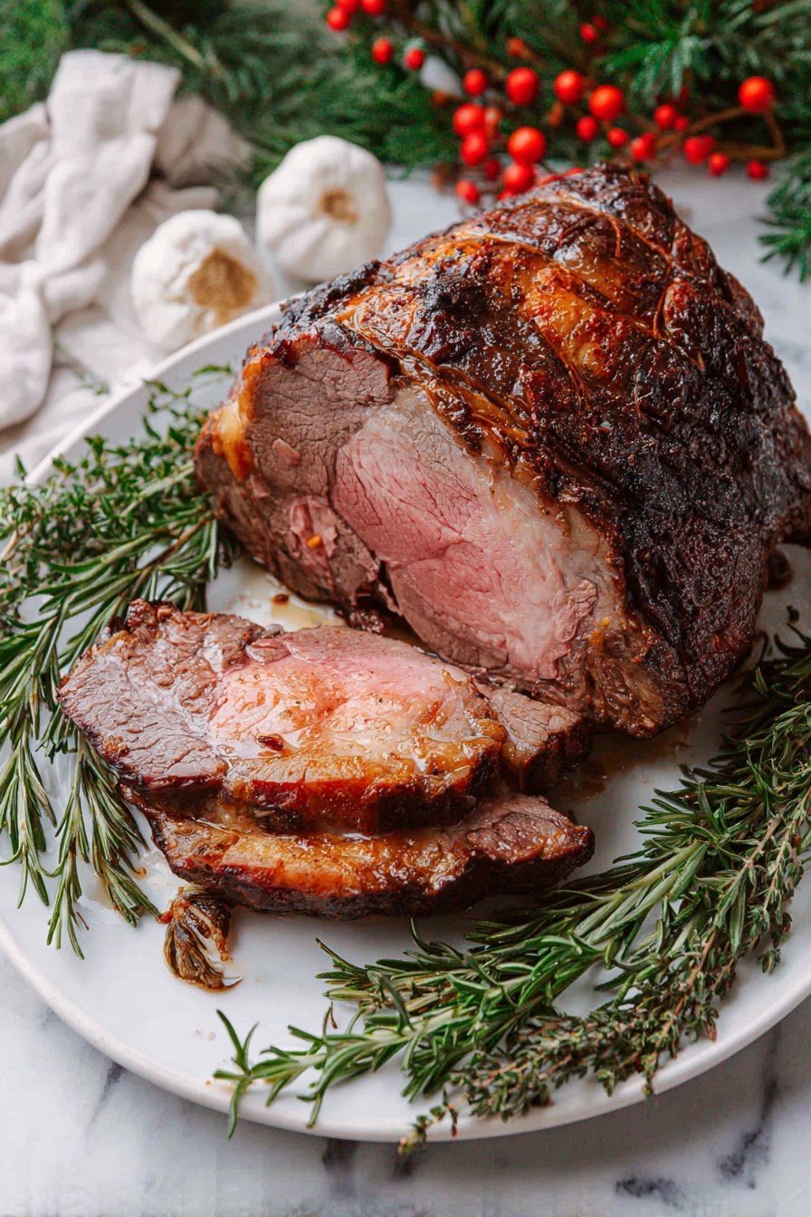 A large piece of roasted meat with a dark, crispy, and slightly charred outer layer sits on a white plate. The meat shows a cross-section with a pinkish inside and some fat marbling. Several sprigs of green rosemary and thyme are placed around and on top of the meat, adding a fresh look. The plate is set on a white marbled surface, decorated with green pine branches, small red berries, and garlic cloves scattered around. A rustic knife and fork with dark handles rest near the plate, enhancing the cozy presentation. photo taken with an iphone --ar 4:5 --v 7