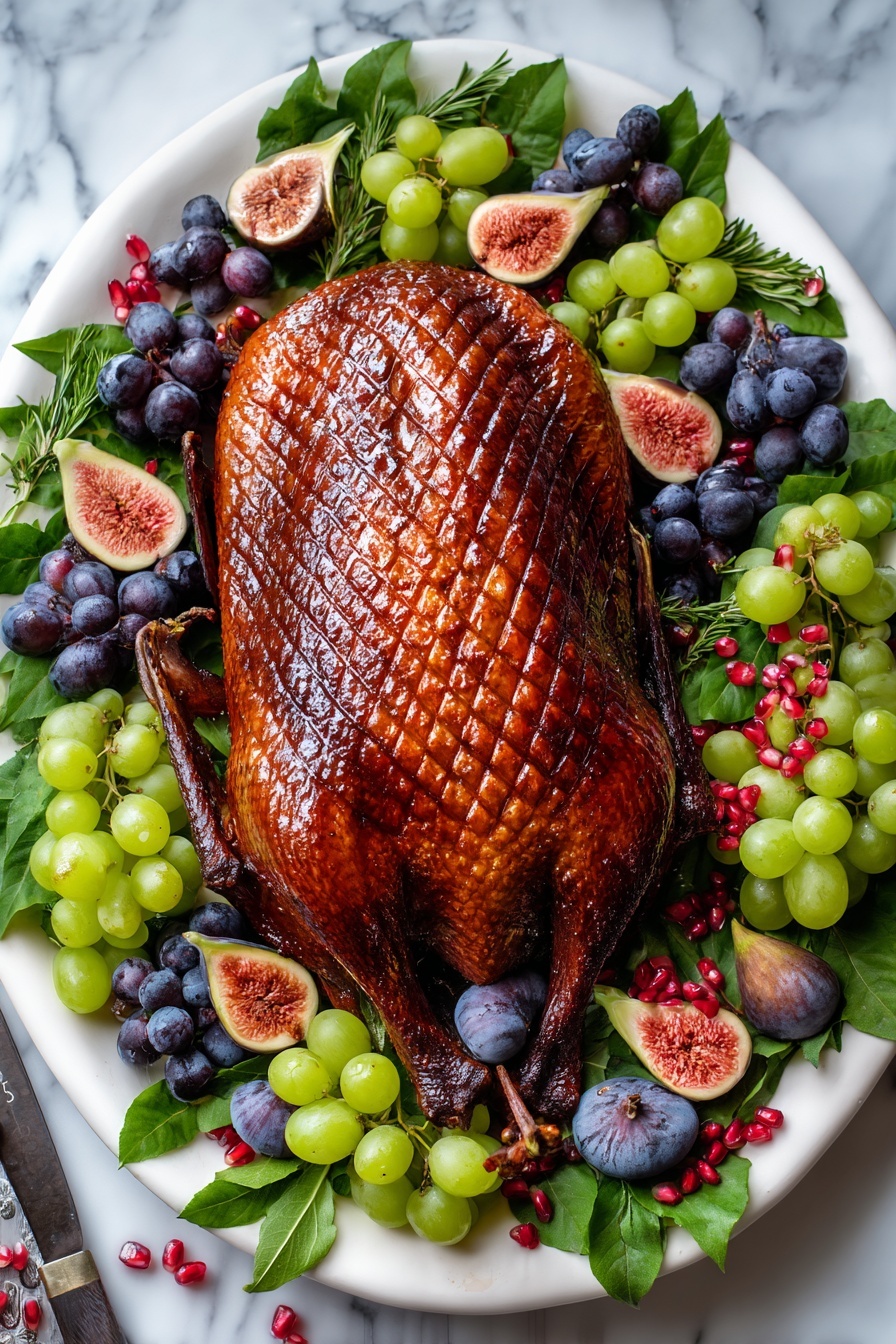 A whole roasted bird with a shiny, deep brown, crispy skin featuring a diamond grid pattern on top sits centered on a white plate. Surrounding the bird are fresh green leaves, green and dark purple grapes, half-figs showing their soft pink insides, and bright red pomegranate seeds with some dark blue berries, all arranged close to the edges of the plate. The plate rests on a white marbled surface, with a knife visible on the side. photo taken with an iphone --ar 4:5 --v 7