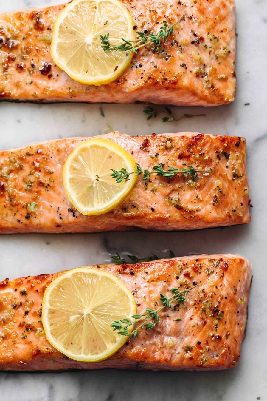 Three pieces of cooked salmon fillets lie side by side on a white marbled surface. Each fillet is a vibrant pink-orange color with a slightly crispy, browned texture on top, speckled with small herbs and spices. Thin lemon slices rest on the top left corner of each salmon piece, garnished with small green sprigs of thyme. The salmon looks juicy and well-seasoned, with a mix of soft and crisp textures visible on the surface. photo taken with an iphone --ar 4:5 --v 7