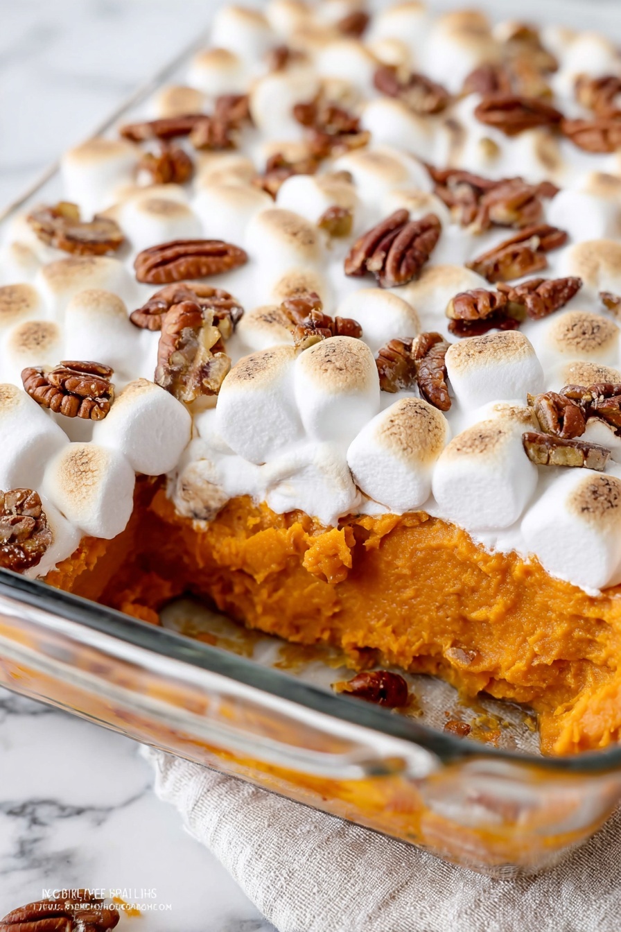 The dish is a layered sweet potato casserole in a clear glass dish on a white marbled surface. The bottom layer is a smooth, bright orange mashed sweet potato base. On top, there are whole toasted mini marshmallows with light brown browned spots and scattered medium brown pecan halves, creating a textured, fluffy, and crunchy topping. A silver spoon scoops out a portion, mixing the orange mashed sweet potato with melted white marshmallow and pieces of pecan. Photo taken with an iphone --ar 4:5 --v 7