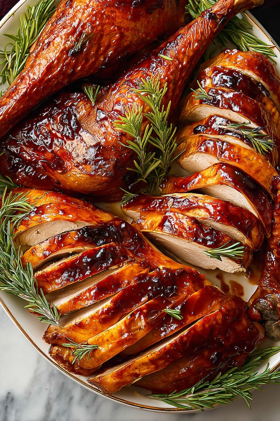 A shiny roasted whole chicken with a dark brown, crispy skin sits on a gold tray. The chicken is tied with string and has char marks across the skin, showing a well-cooked texture. Around the chicken, there are green sprigs of rosemary adding a fresh touch. In front of the whole chicken, there are four thick slices of white meat with a smooth texture, garnished with small green herb leaves. The tray is placed on a white marbled surface. photo taken with an iphone --ar 4:5 --v 7
