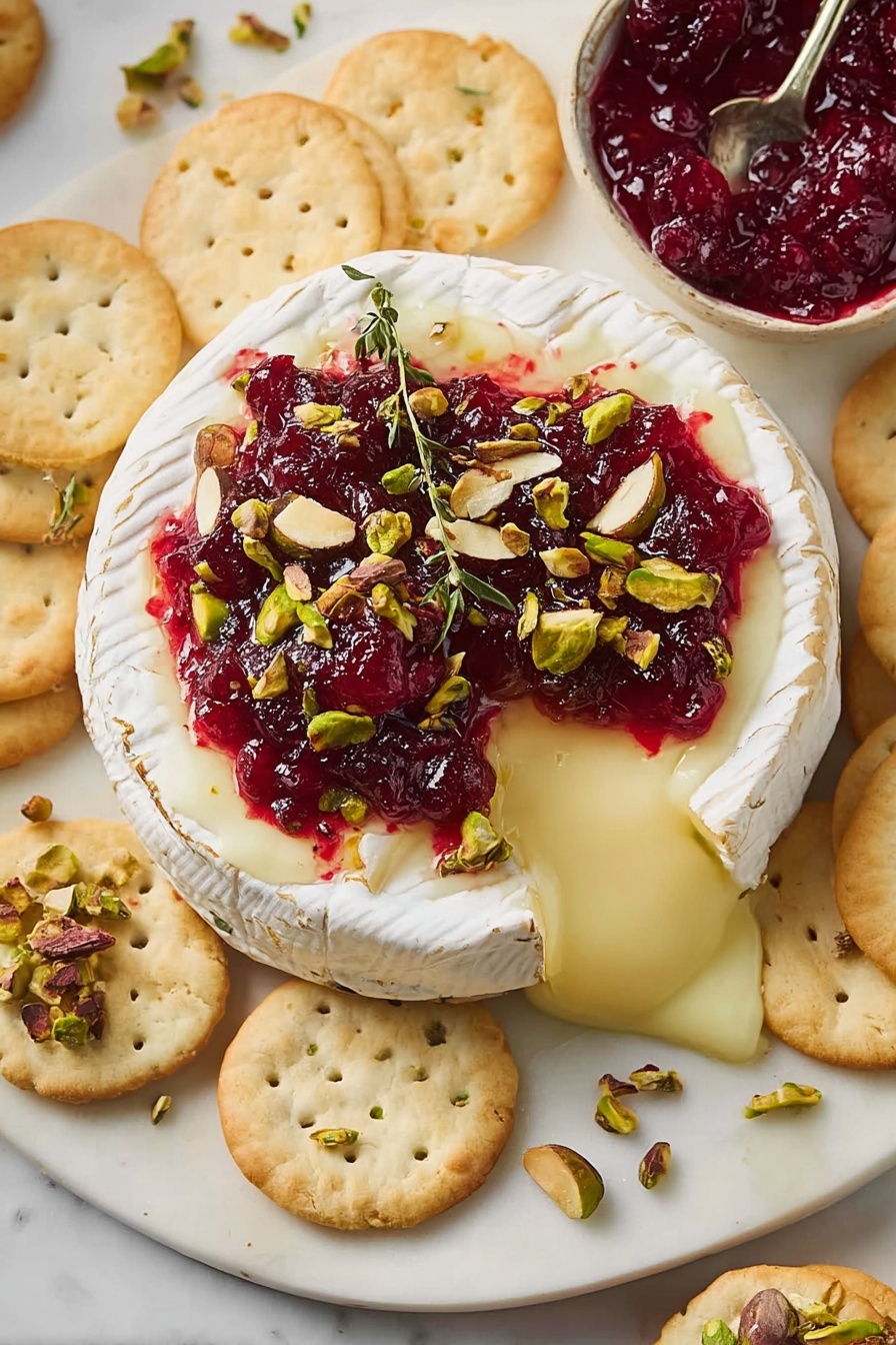 A round white cheese wheel sits in the center on a white marbled surface with melted yellow cheese oozing out on one side. The top layer of the cheese is covered with a bright red berry jam, sprinkled with chopped green pistachios, whole almonds, and small green herb leaves. Surrounding the cheese are several round white crackers, with one cracker in the front holding a small pile of cheese, jam, and an almond piece. A small bowl of the same red jam is placed next to the cheese. Photo taken with an iphone --ar 4:5 --v 7