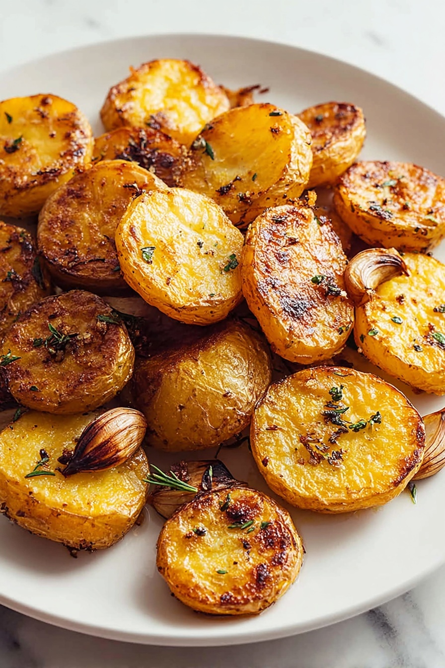 A white plate holds about fifteen thick round slices of roasted potatoes, each with a golden brown crispy outer layer and a slightly darker charred top. The potatoes are sprinkled with small sprigs of rosemary and black pepper. Scattered between the potato slices are several whole roasted garlic cloves, creamy off-white in color with browned edges. The plate is set on a white marbled surface. photo taken with an iphone --ar 4:5 --v 7